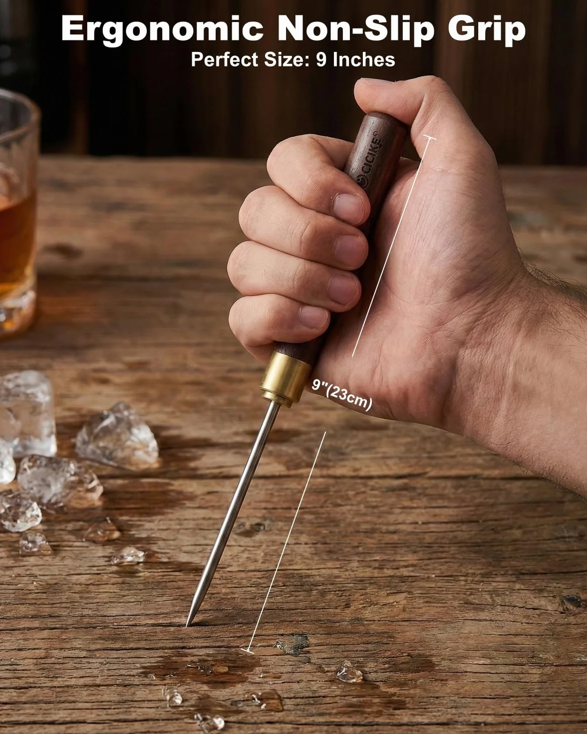 Broyeur à glace en acier inoxydable avec couvercle de sécurité – Pic à glace robuste pour cocktails, whisky, gin