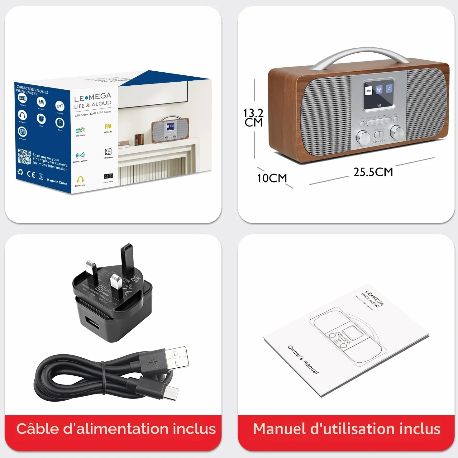 LEMEGA DR6 Poste Radio Stereo DAB/DAB+ Numérique avec Bluetooth, FM, Radio Réveil - Noyer