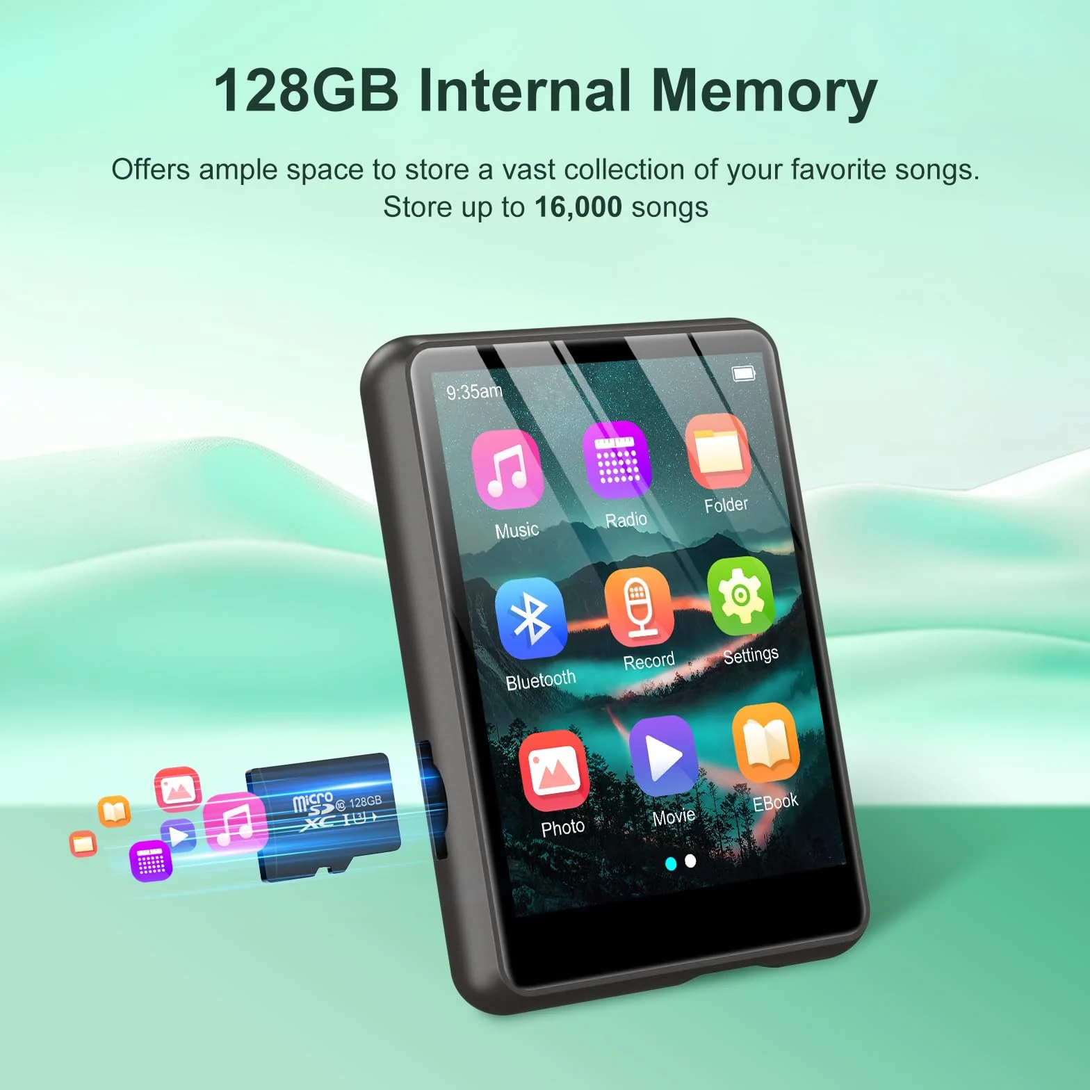 Lecteur MP3 128GB Bluetooth 5.3 ZAQE 2.4" Plein écran Tactile Portable Radio FM Enregistrement HiFi Noir
