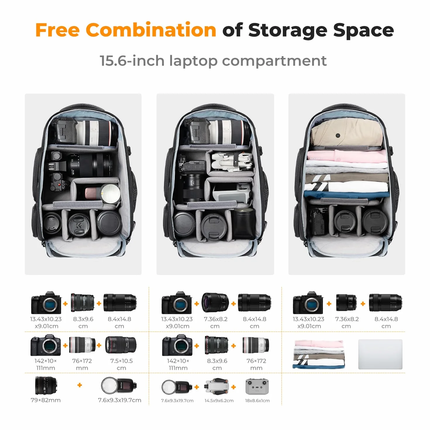 K&F CONCEPT Sac à dos pour appareil photo Canon Nikon Sony DSLR drone, objectif, ordinateur portable, trépied et accessoires avec housse de pluie