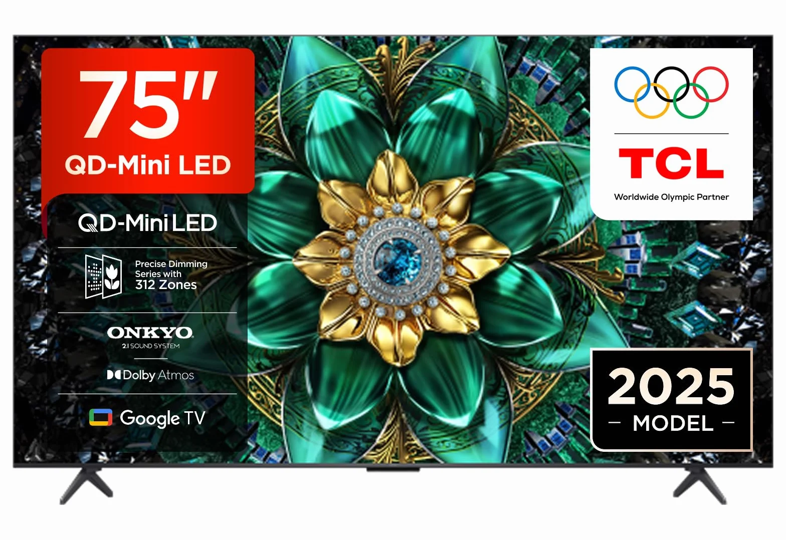 TCL 75Q6C QD-Mini LED TV, 4K HDR Premium 1000nits, Smart TV alimenté par Google (Dolby Vision IQ et Atmos, système Audio Onkyo 2.1, Motion Clarity Pro 144Hz, Game Master, contrôle Vocal Mains Libres)