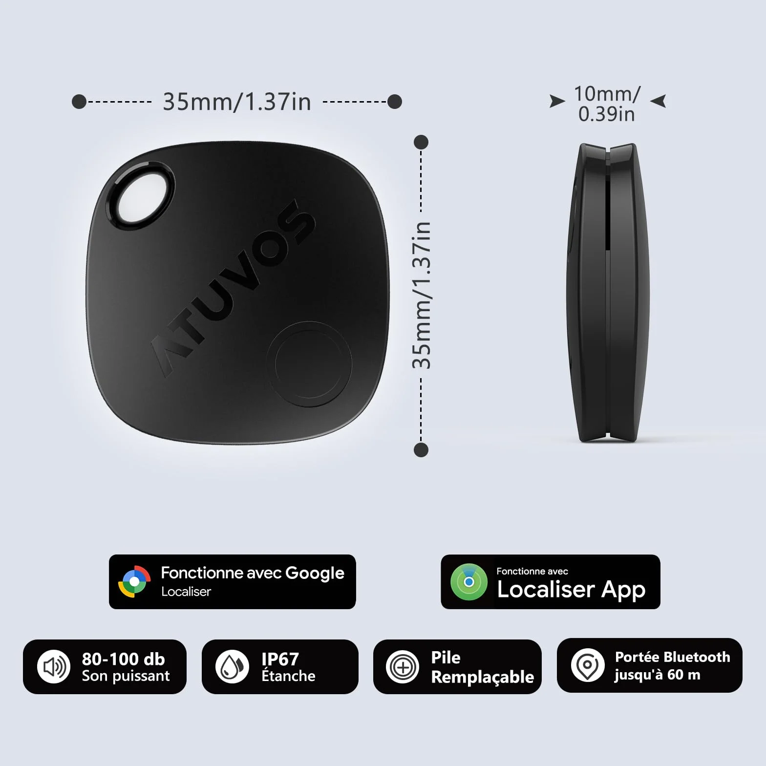 ATUVOS Android Air Tag Traceur Lot de 4, Smarttag Fonctionne avec l’app Google et Apple Localiser, Localisateurs Bluetooth Tracker pour Les Clés/Portefeuilles/Valises/Bagages, Batterie Remplaçable