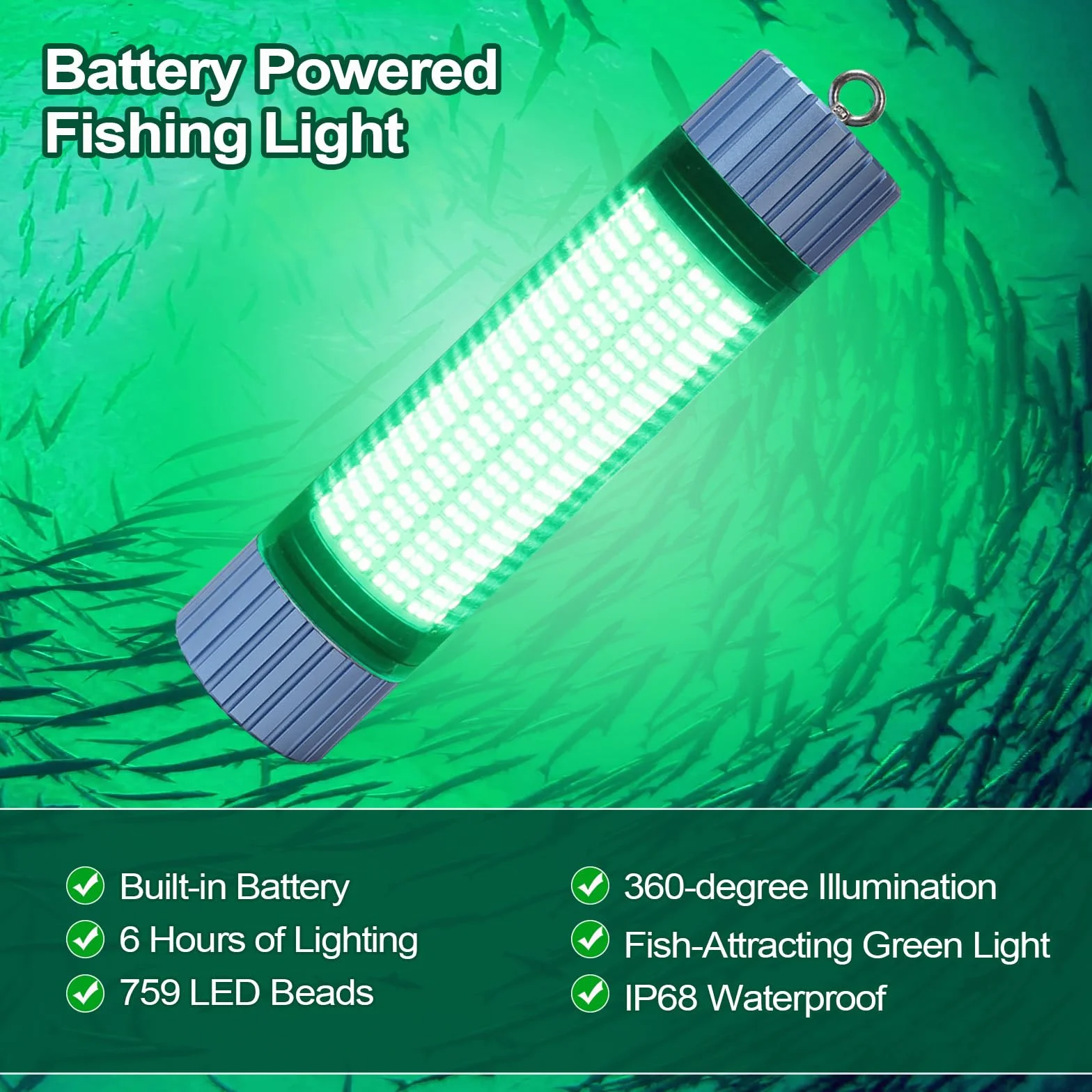 Lampe de Pêche Sous-Marine LED Verte Rechargeable 9000mAh IP68 Étanche Eau Douce Salée