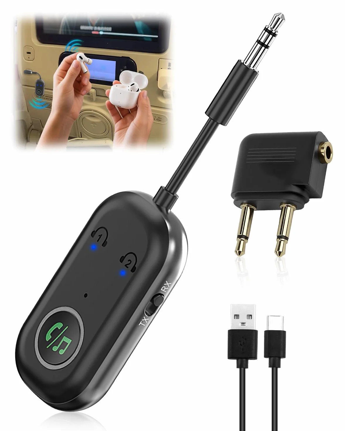 Adaptateur Bluetooth Avion 5.3, Transmetteur Récepteur 2 en 1, 3,5 mm AUX pour TV, Voiture, Casque