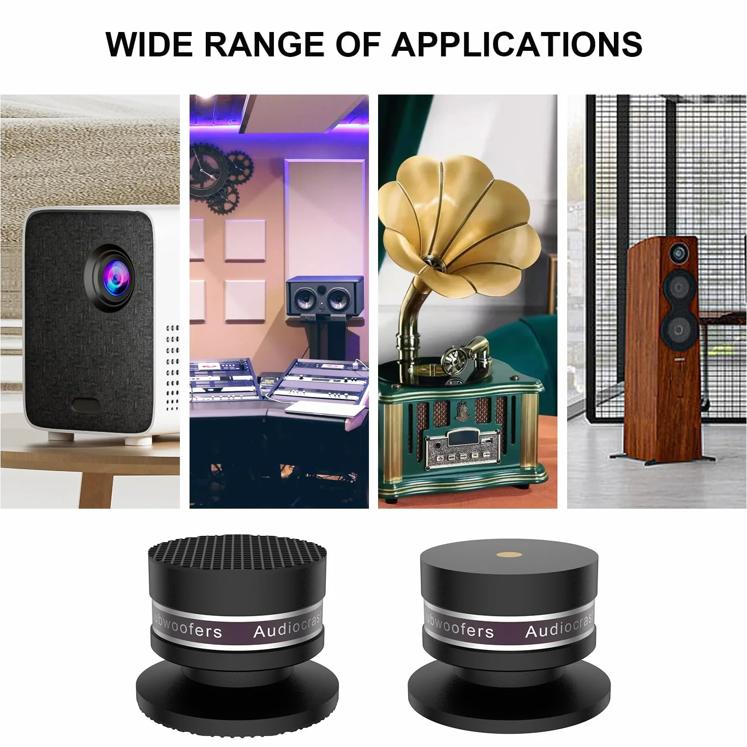 Lot de 4 haut-parleurs en aluminium - Pieds - Réglable en hauteur avec rondelle - Absorbeur de chocs - Pour haut-parleurs, appareils Hi-Fi, caisson de basses et CD DAC - Noir