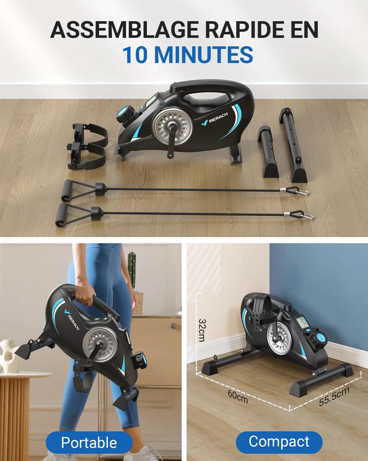 MERACH Pedalier d'Appartement, Mini Velo Bureau avec 2 Bandes de Résistance et Tapis Antidérapant