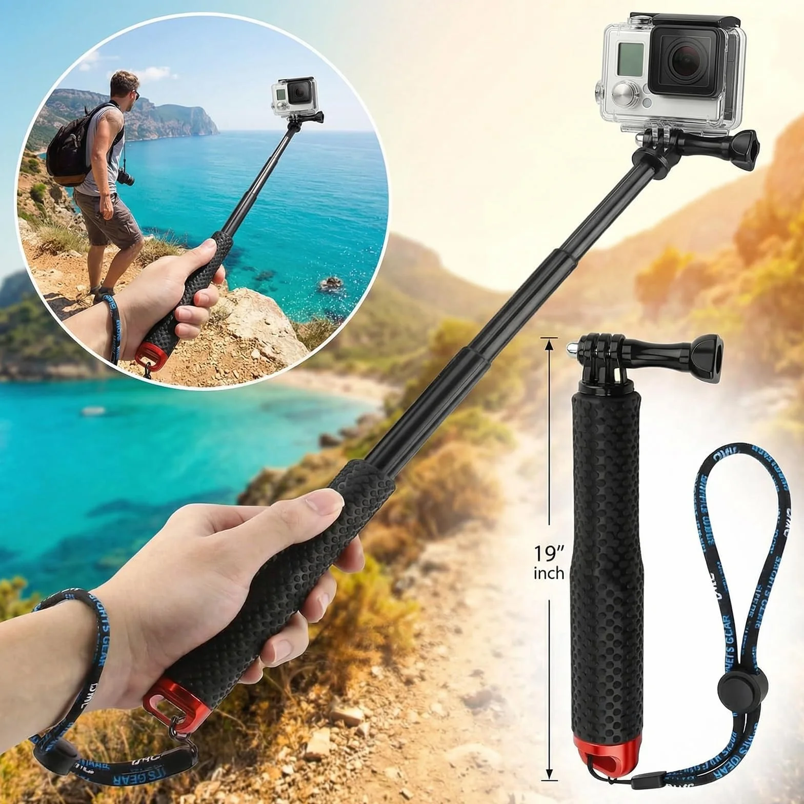 Perche Etanche pour GoPro et Action Cam, télescopique 49 cm, Format Compact 18 cm, Perche à Selfie Etanche sous Marine, Compatible DJI Osmo Action, Insta360 Ace Pro