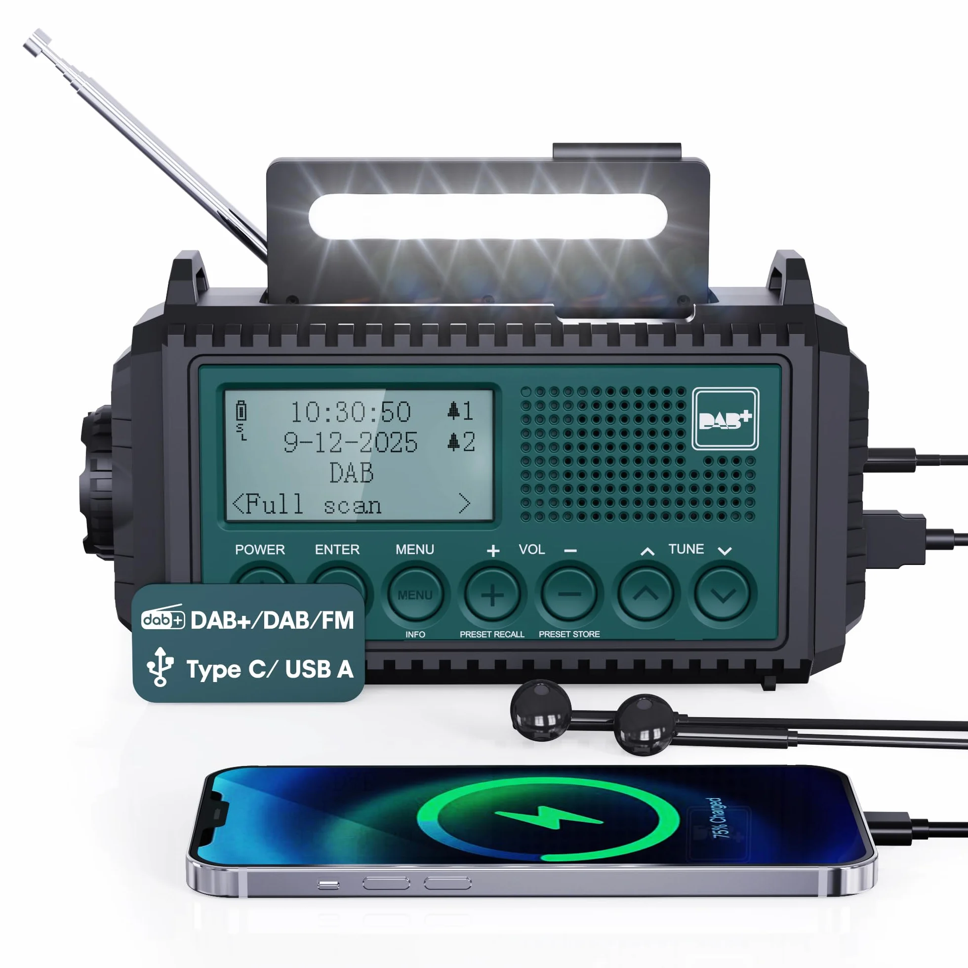 Radio à Manivelle Dab+/Dab/FM avec Batterie Rechargeable 5000mAh, Lampe de Poche, Camping Portable, Charge USB, Dynamo SOS