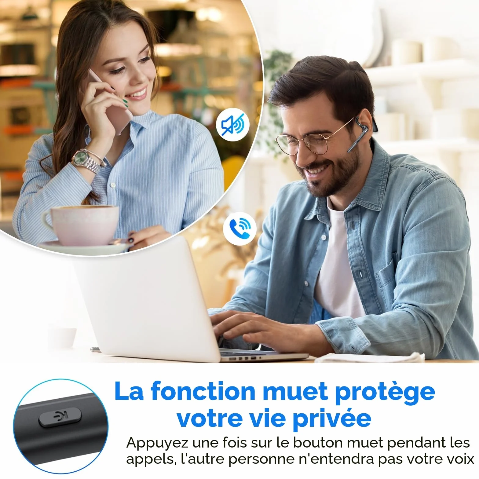 CASCHO Oreillette Bluetooth sans Fil V5.3 avec Dual Annulation De Bruit ENC Mic, Kit Main Libre Bluetooth,Casques avec 60H de Temps de Conversation étui de Chargement LED pour iPhone/Android
