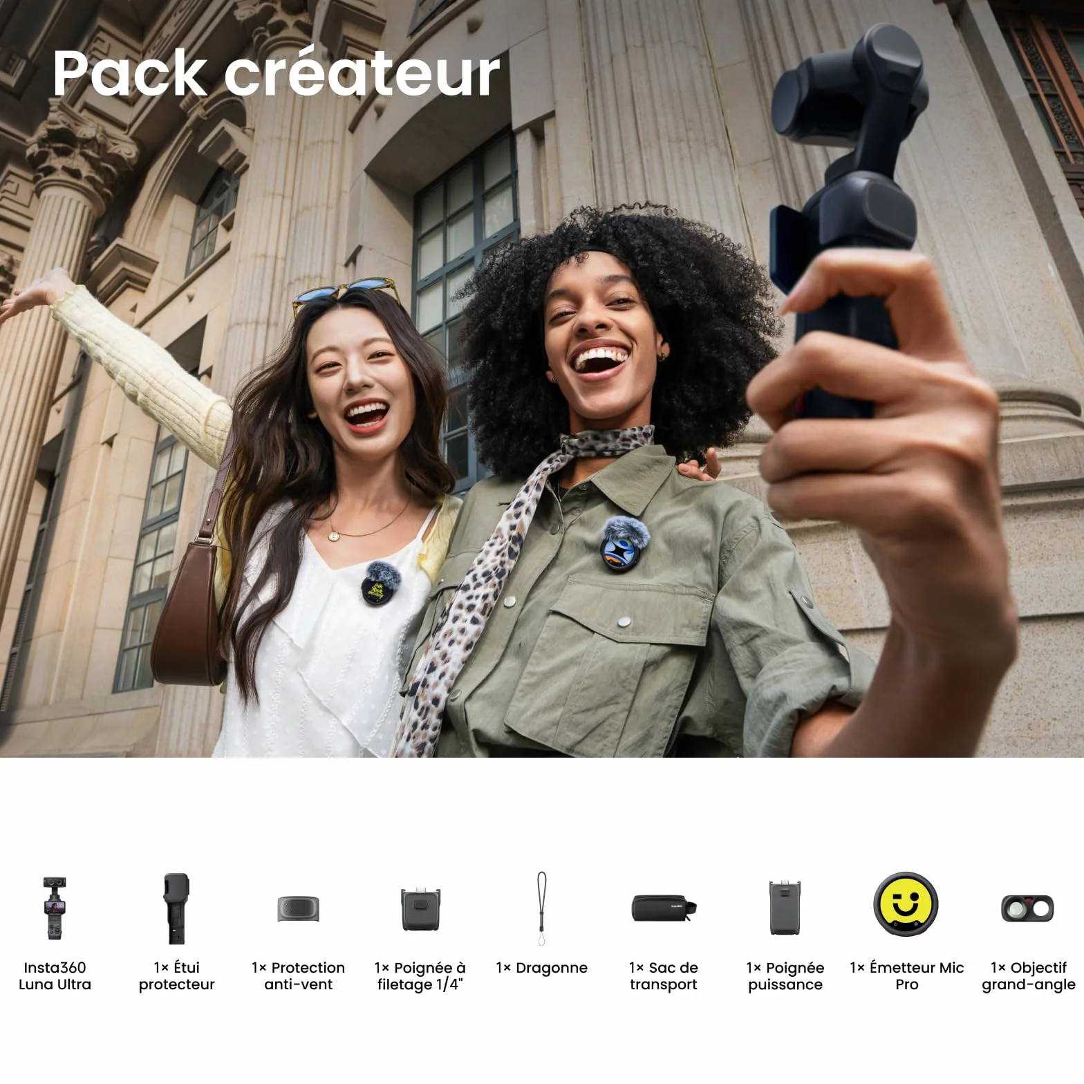 Insta360 Luna Ultra Pack Créateur Caméra de Vlogging 8K Deux objectifs Leica Zoom 12× Capteur 1" Écran Tactile 2" Triple Puce IA