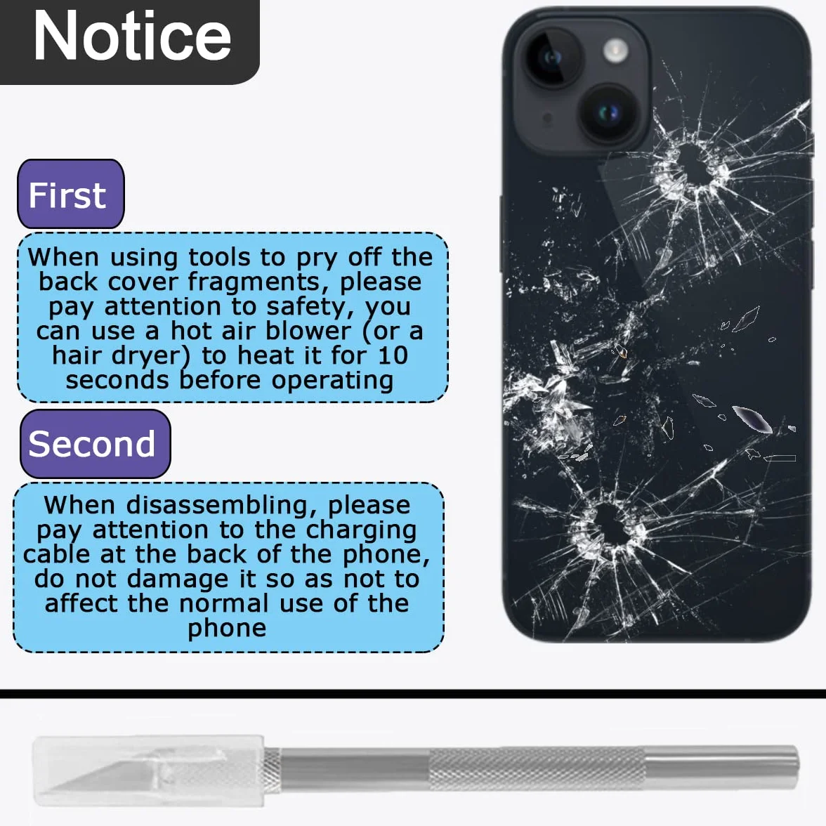 Remplacement de la Couverture arrière (sans Logo) pour iPhone 13, Trousse d'outils de réparation Professionnelle, éhérence et élastiques préinstallés (6,1 Pouces/Minuit)