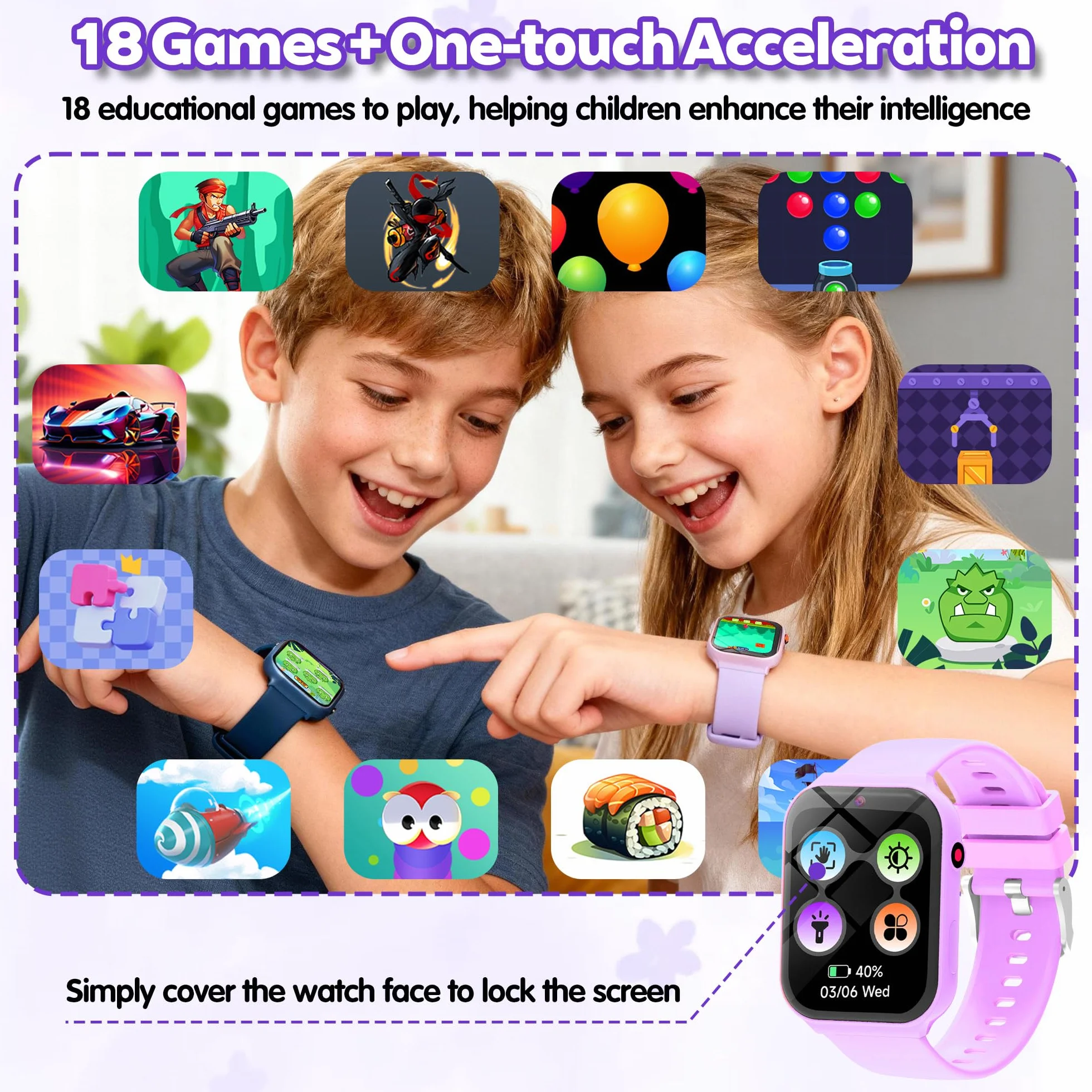 Montre Connectée Enfant avec 18 Jeux Éducatifs, Fonction Sommeil et Caméra - Ecran Tactile 1.83 Pouces, Tracker d'Activité avec Podomètre, Réveil, Lampe Torche pour Filles et Garçons