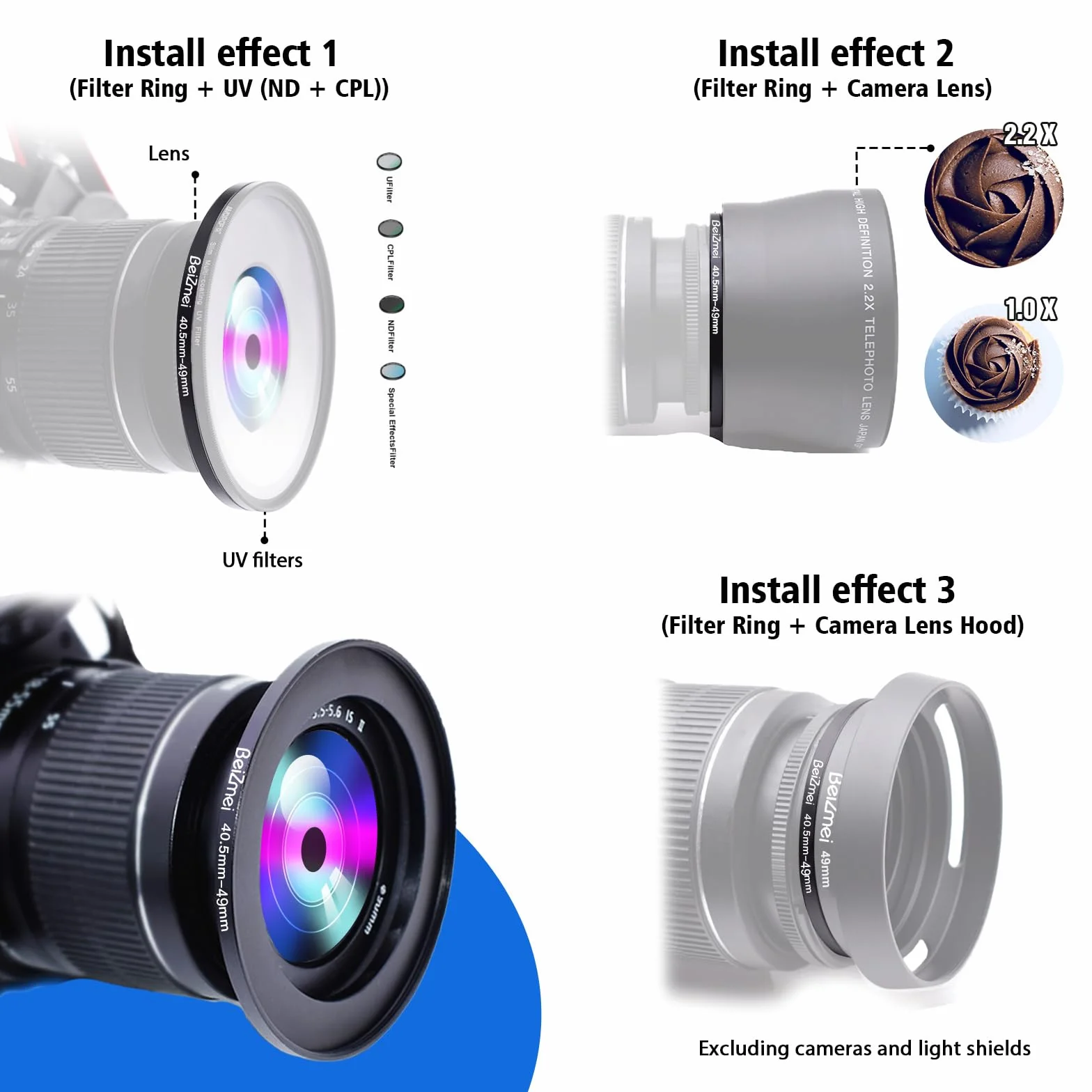 Filtre adaptateur 40,5 mm à 49 mm pour objectif photo UV ND CPL