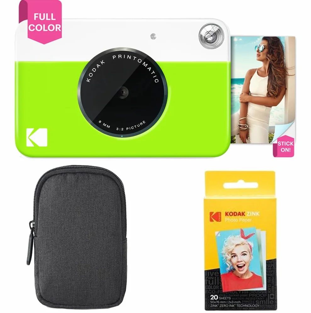 KODAK Appareil Photo Instantané Printomatic (Vert) Coffret Basique + Papier Zink (20 Feuilles) + boîtier Deluxe + Courroie Confortable à Mettre Autour du Cou