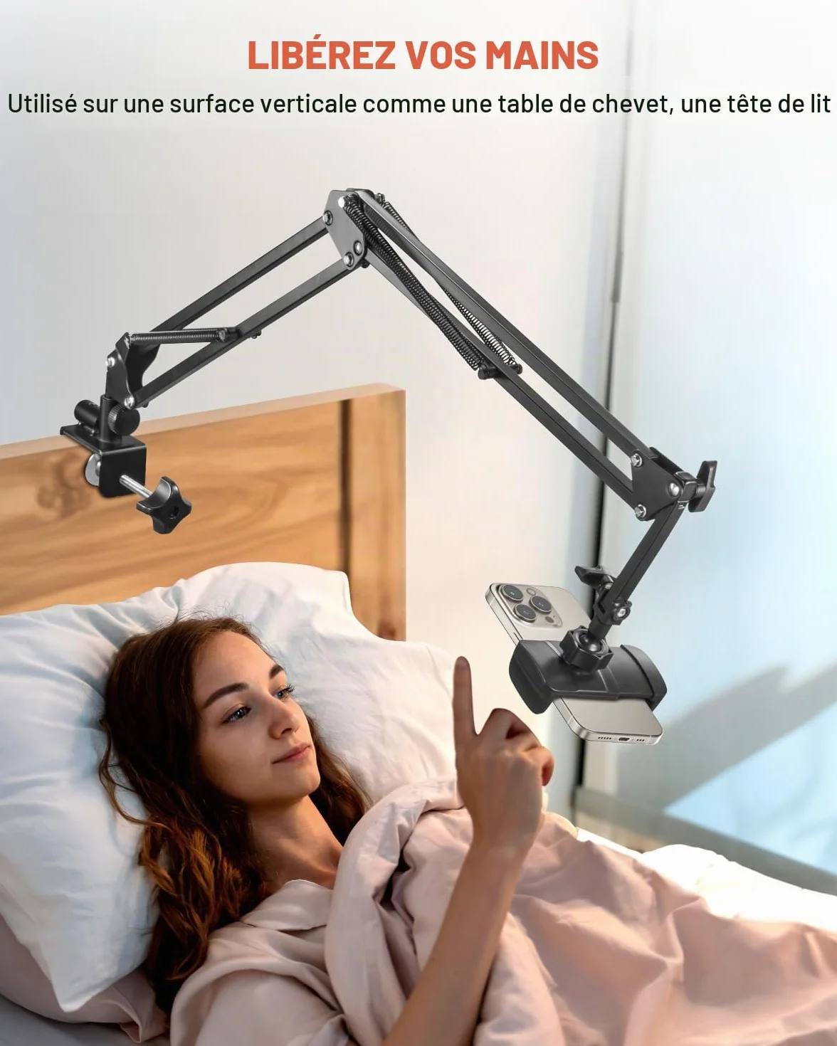 Support de téléphone portable pour lit Bras long flexible pour iPhone 15, 14, Pro Max, SE, 13, 12, 11, X, XS, 8, 7, Galaxy S23, S22, et smartphones de 4 à 7