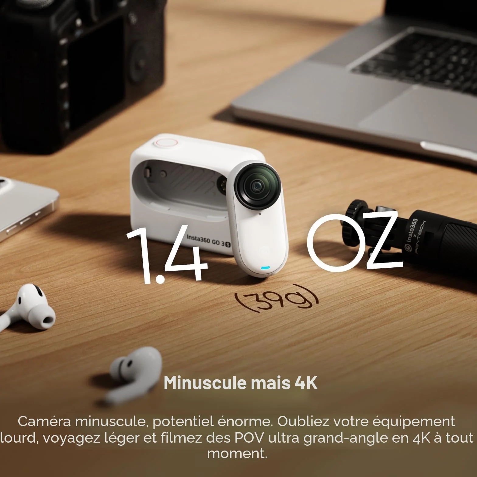 Insta360 GO 3S Blanc Arctique (64GB) - Petite caméra de vlog 4K, POV Mains Libres, Montage Partout, stabilisation, 140 Min d'autonomie, étanche à 10 m, édition IA, pour Voyage, vlog