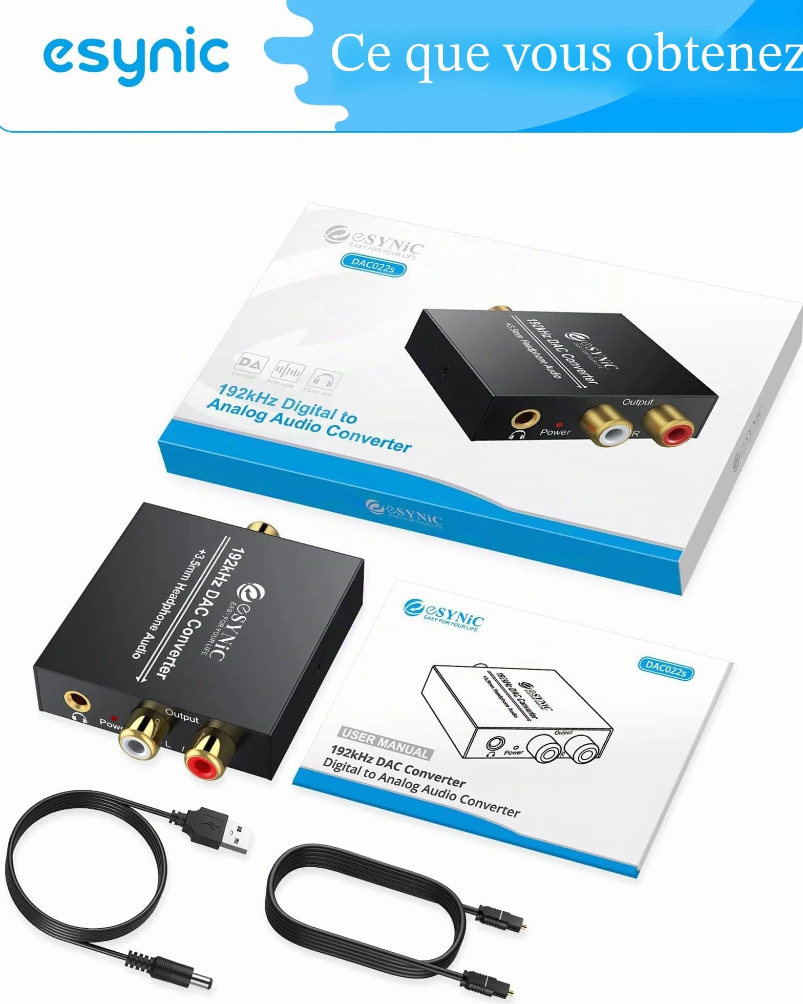 eSynic DAC convertisseur audio numérique vers analogique RCA L/R 3,5 mm câble optique PS3 Xbox 360 HDTV