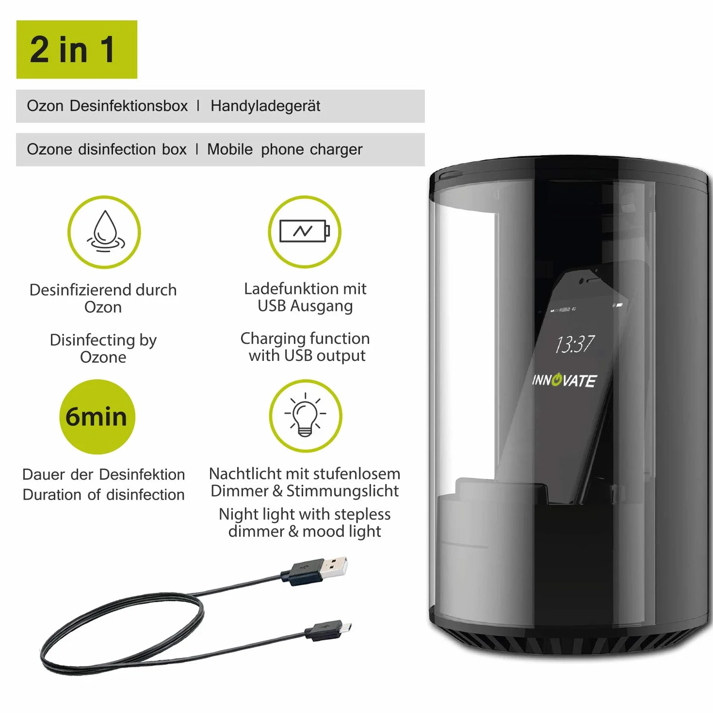 INNOVATE - Boîte de désinfection ozone, stérilisateur, désinfectant pour téléphone portable, clés, smartphone, bijoux, lunettes, etc., éclairage LED, câble USB, port USB