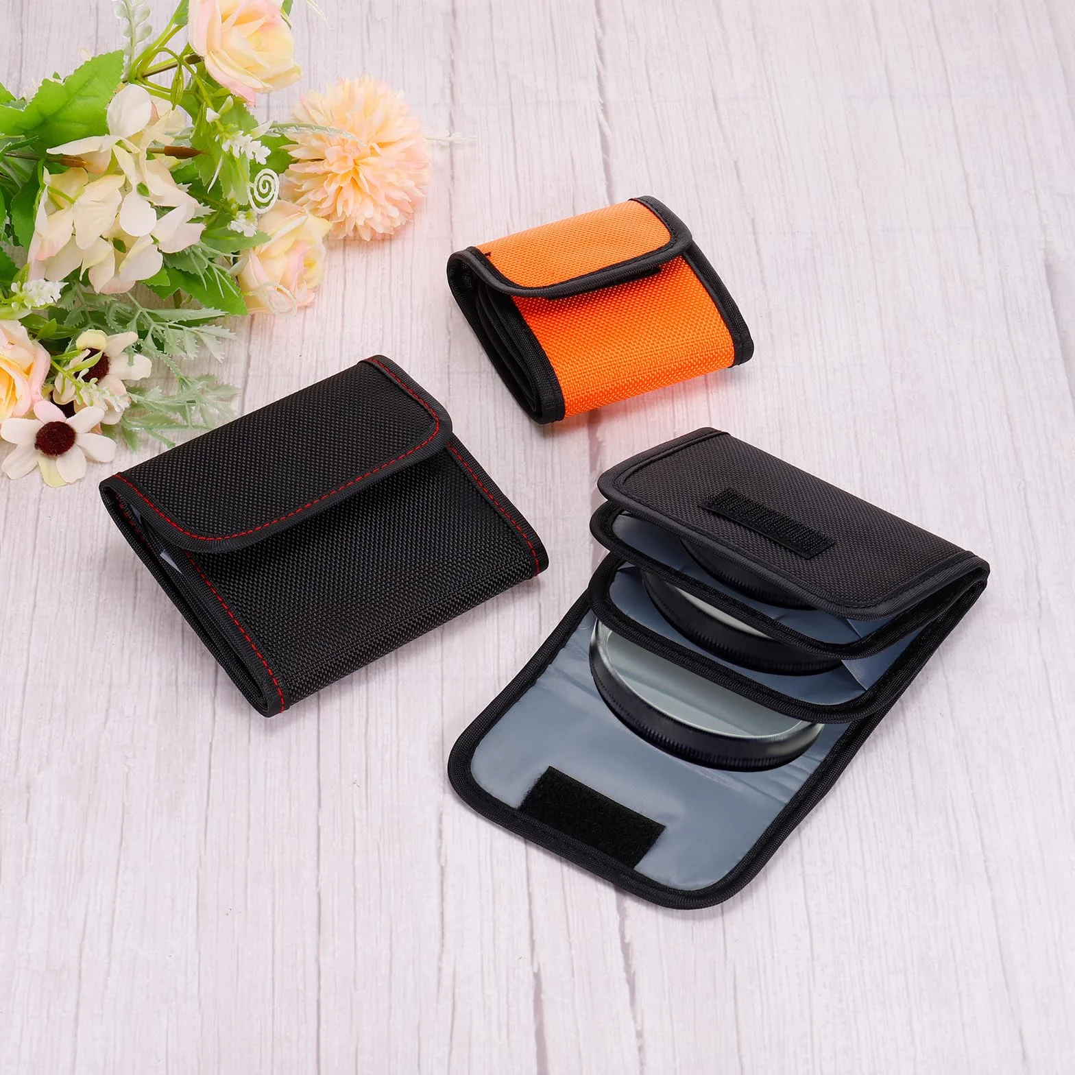 PATIKIL 58 mm Appareil Photo Filtre Boîtier, 4 Poche Appareil Photo Filtre Boîtier Pochette Imperméable Résistant à poussière Filtre Porter Sac pour Photographie Filtre Stockage, Orange