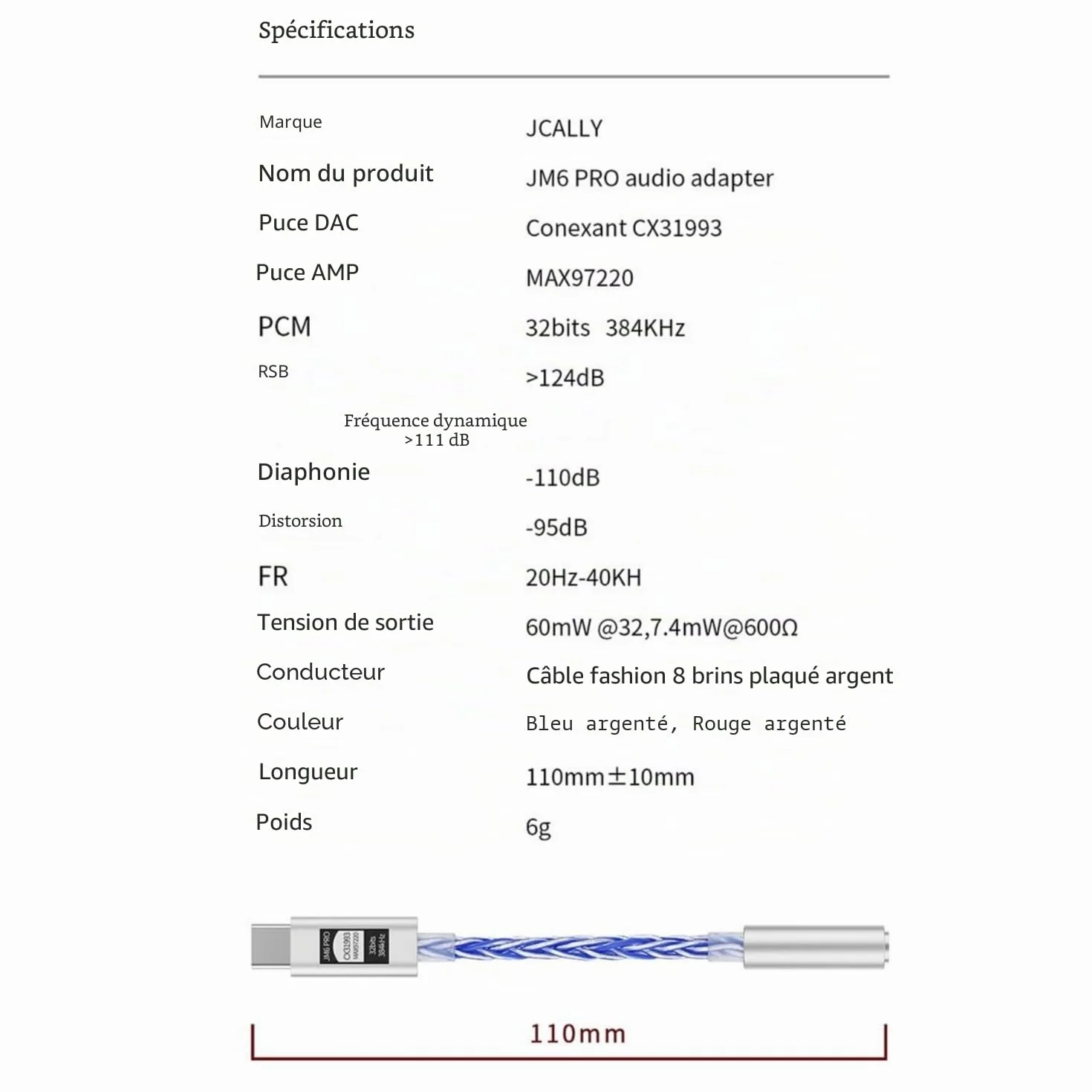 JCALLY JM6 Pro USB-C Type-C vers 3,5 mm Dual DAC CX31993 MAX97220 Amplificateur de décodage Hi-Fi DAC Mobile pour casque (bleu)