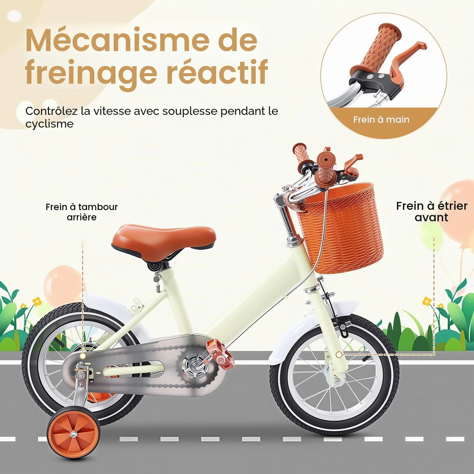 Vélo enfant 12 pouces avec panier avant roues stabilisatrices 2-4 ans hauteur réglable 60-70 cm