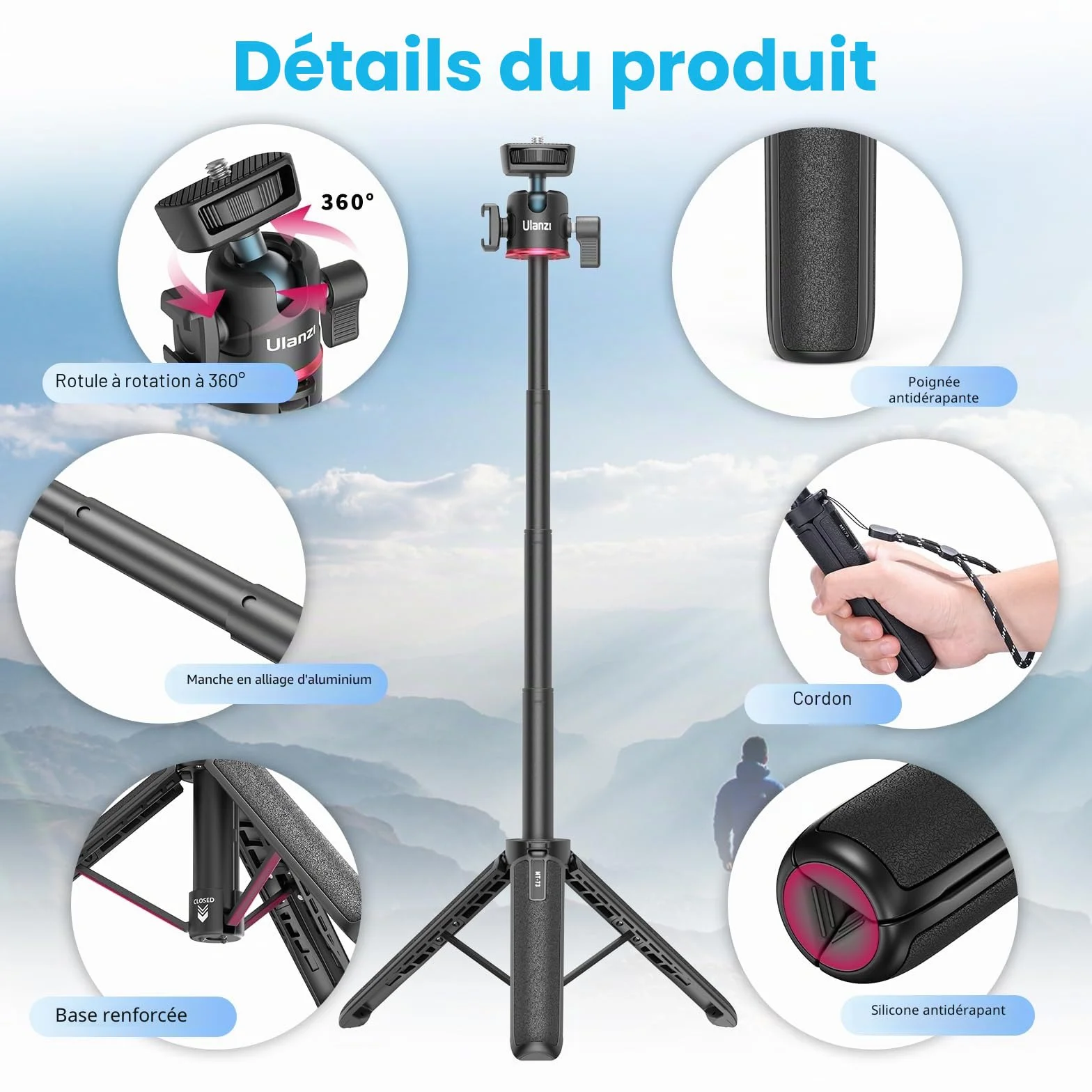 ULANZI MT-73 Mini Trépied pour Appareil Photo 54cm/21.6in, Petit Trépied de Voyage avec Vis 1/4'', Compatible avec Compact Cameras