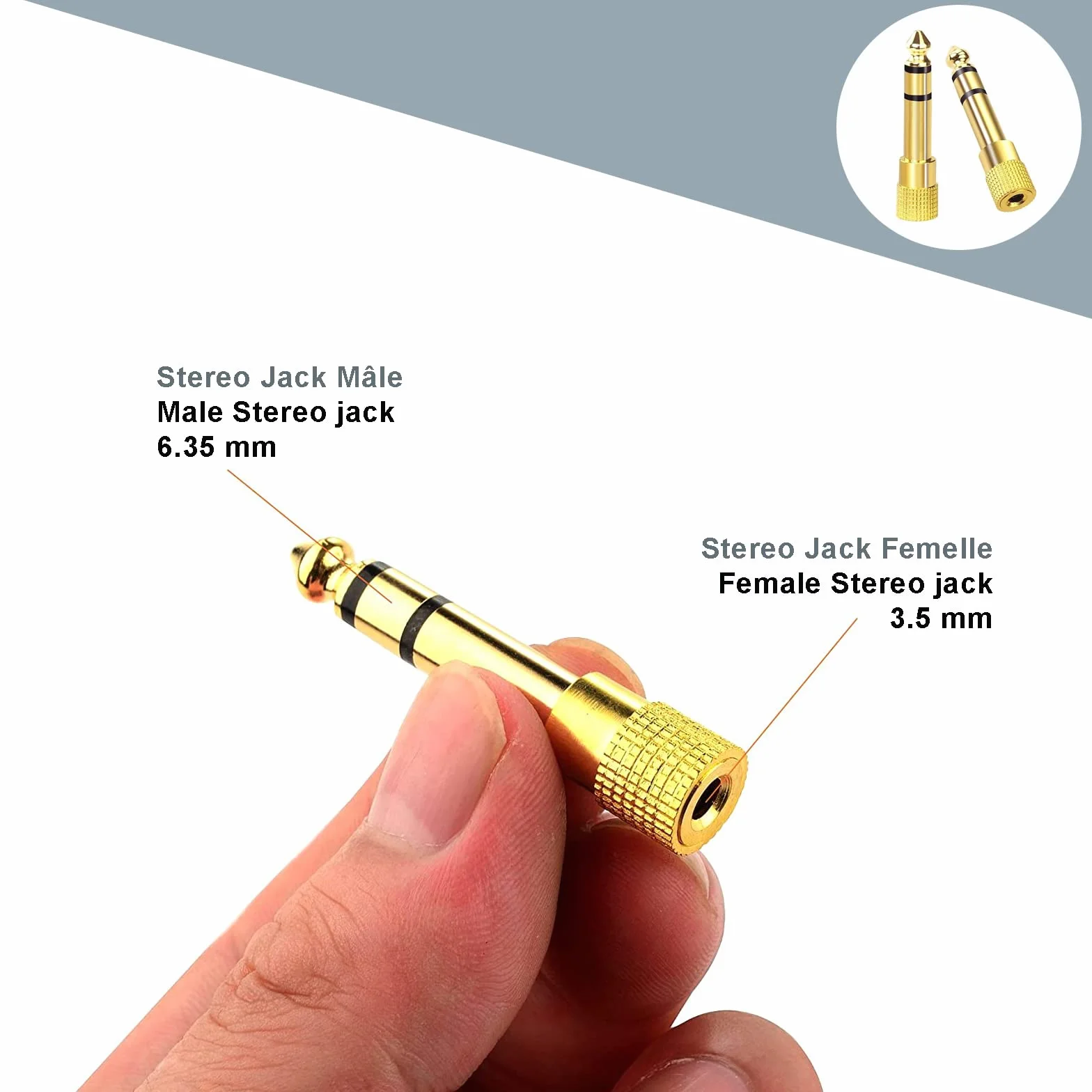 Lot de 2 adaptateurs jack 6,3 à 3,5 cuivre pur plaqué or réducteur mâle femelle stéréo