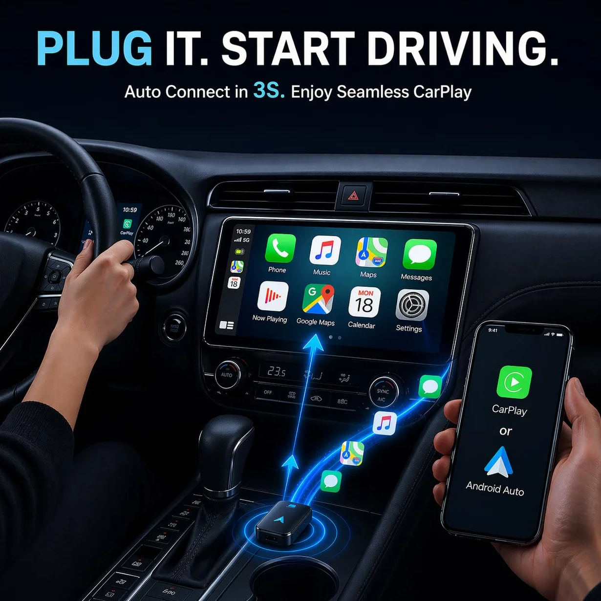 Adaptateur CarPlay sans Fil Android Auto Wi-Fi 5,8GHz Plug & Play iOS 10+ Android 10+ pour Voitures 2016+