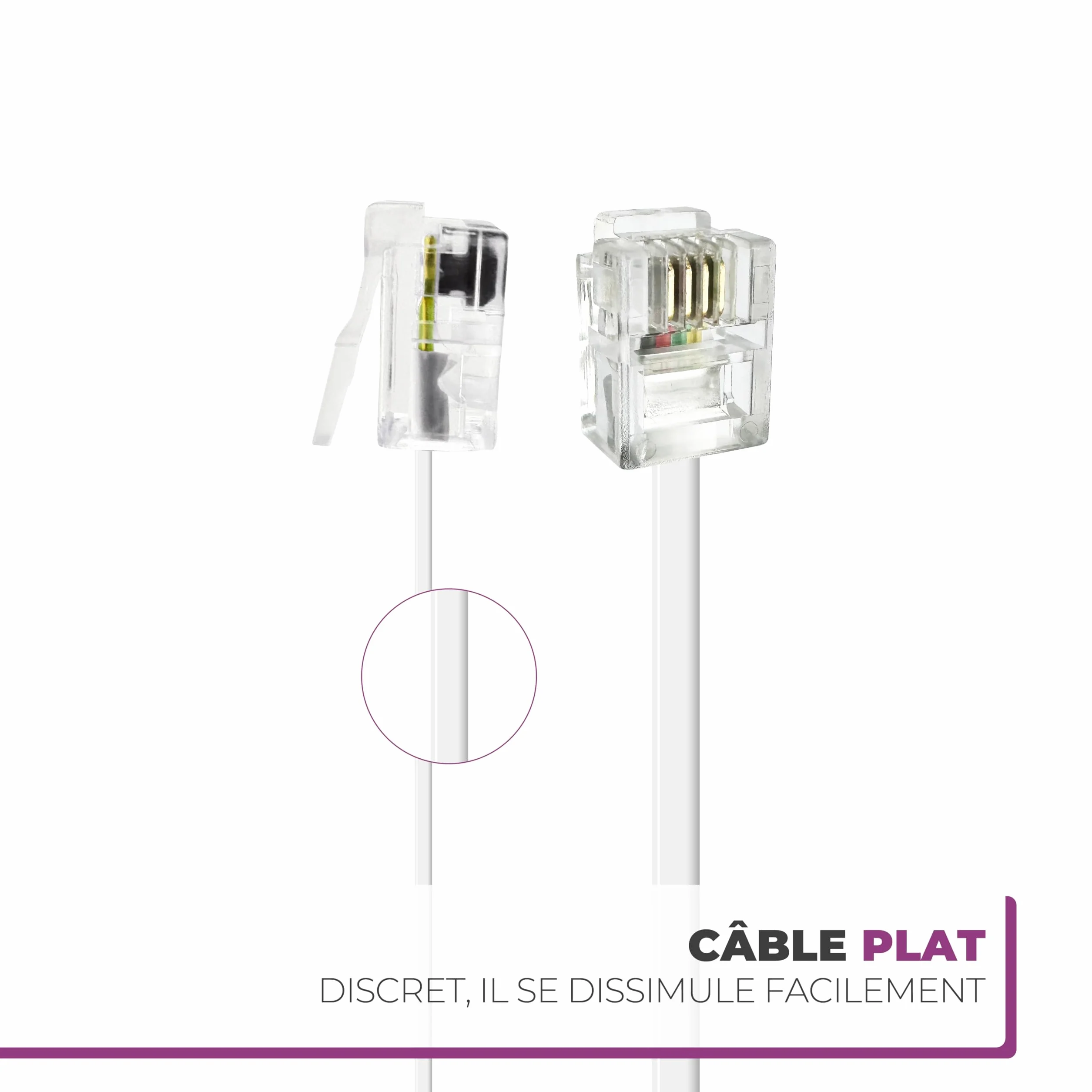 Câble ADSL RJ11 10M Cordon Téléphonique Modulaire 6P4C Plat ISDN DSL VDSL Blanc