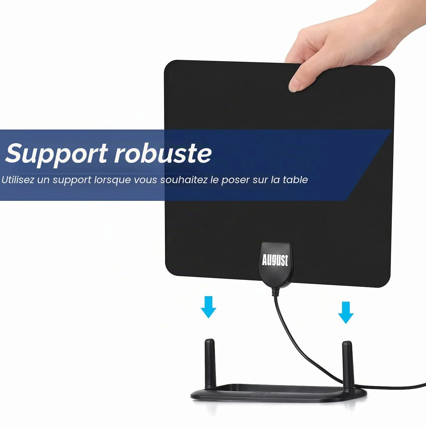 August DTA450 Antenne TV d’Intérieur TNT HD Puissante Numérique avec Câble 3m UHV VHF Noir