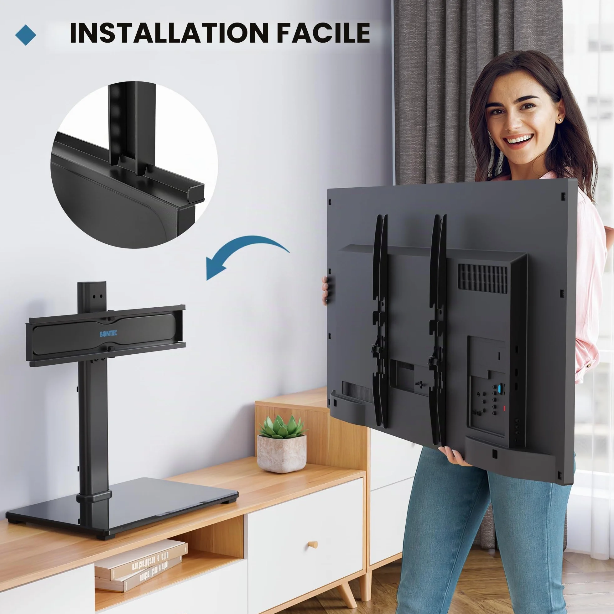 BONTEC Support TV sur Pied TV Universel Pivotant pour Télévisions de 24 à 60 Pouces LCD/LED/Plasma Hauteur Réglable avec Base en Verre Trempé de 8 mm - Charge Maximal 45kg Max VESA 400x400 mm