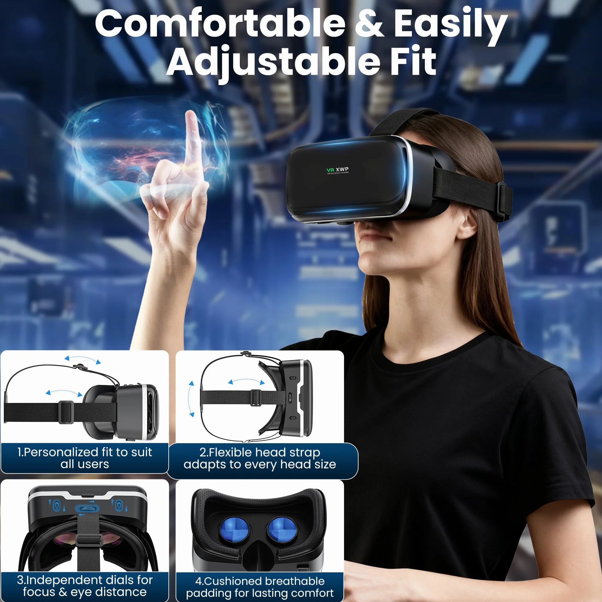 XWP Casque VR 3D, Lunettes de Réalité Virtuelle HD Anti-Bleu pour Téléphone 4,7-6,8"