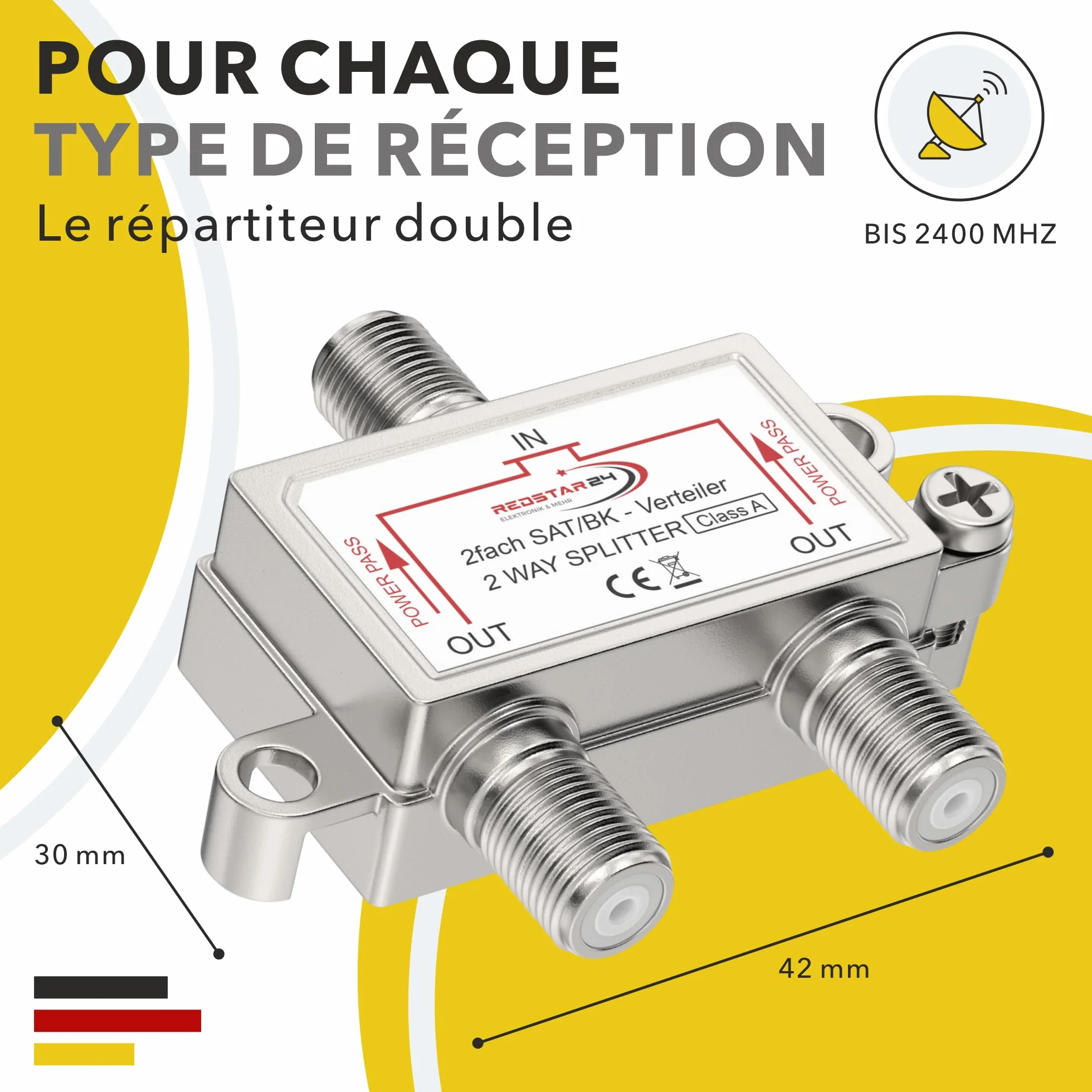 Redstar Répartiteur TV SAT 2 voies - Distributeur antenne satellite HDTV UHD 4K DVB-S/S2 DVB-T/T2 DVB-C/C2 boîtier blindé