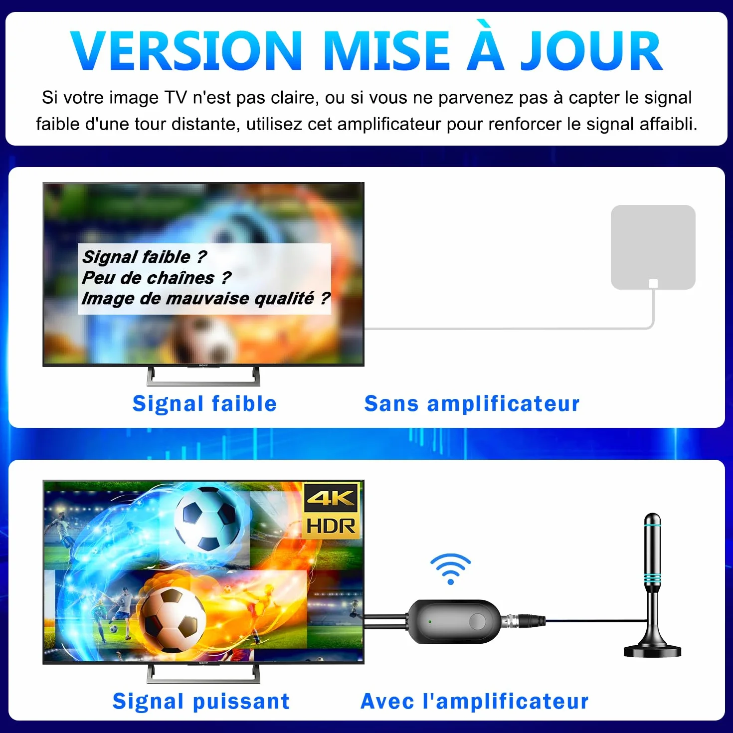 Amplificateur Antenne TV Booster Signal TNT DVB-T2 Compatible Télévision Numérique Full HD 4K UHD