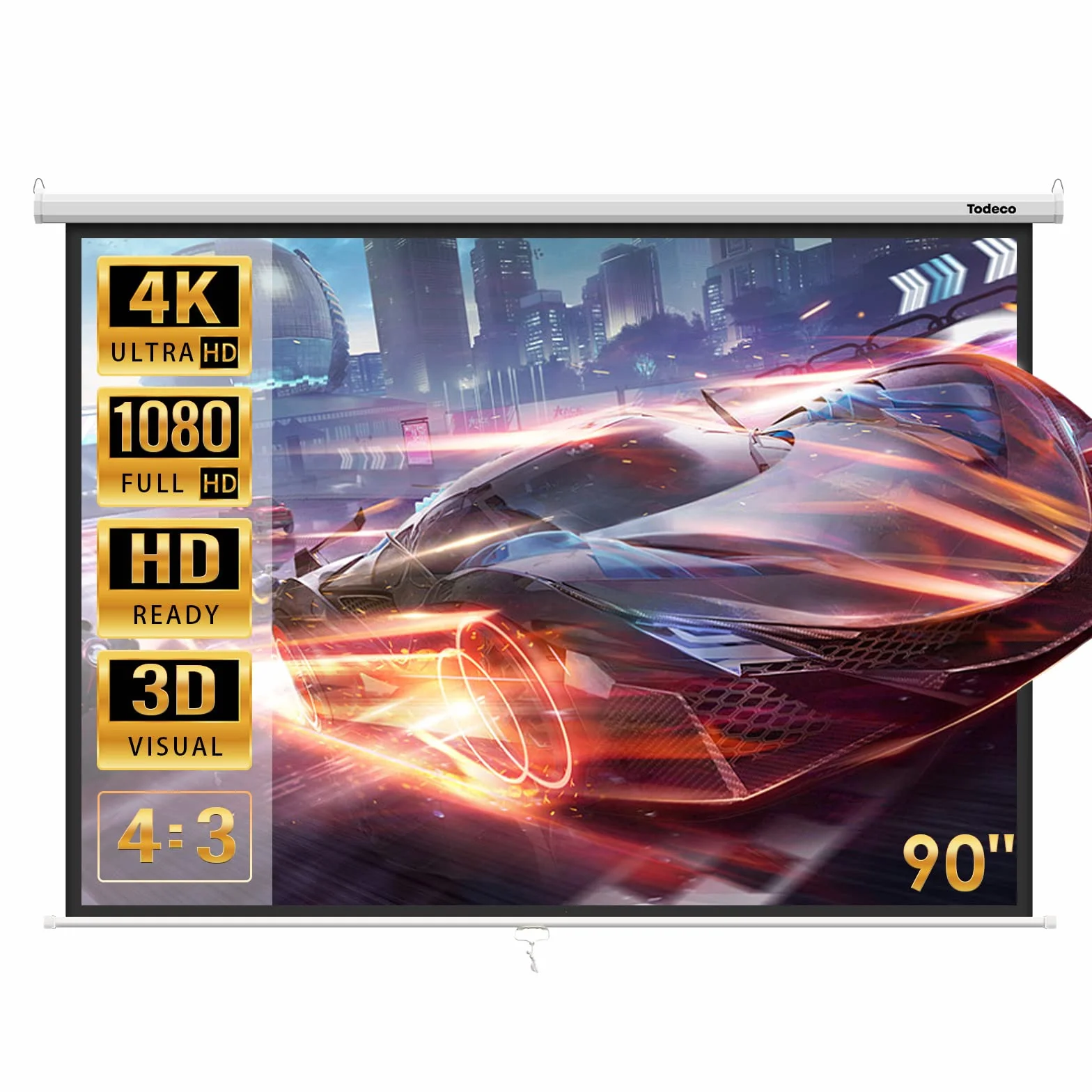 Todeco Écran de Projection 90 Pouces Manuel Enroulable Fixation Mur Plafond Home Cinéma 4:3 HD 4K 3D