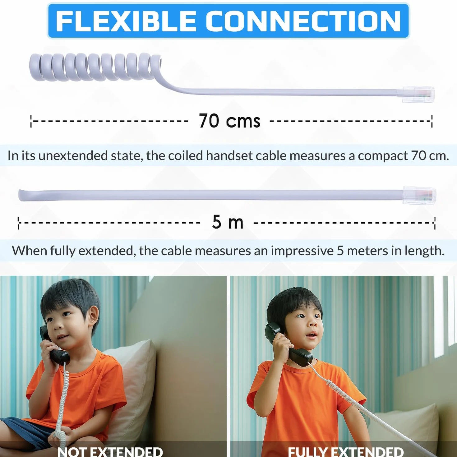 Keple Câble téléphonique RJ10 incurvé à ressort en spirale pour combiné téléphonique 2 mètres Compatible avec les téléphones fixes AT&T, Cisco, NEC, ROLM, ITT, TI (Noir)