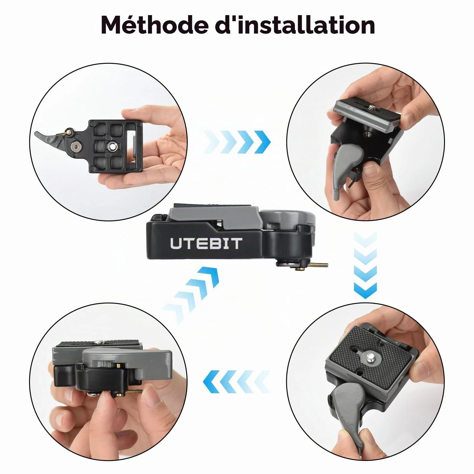 UTEBIT Plateau Rapide Tête de Trépied avec Adaptateur 1/4'' à 3/8'', Plateau de Dégagement Rapide Compatible avec Manfrotto 200PL-14 Plaque de Fixation Rapide pour Appareil Photo Gris