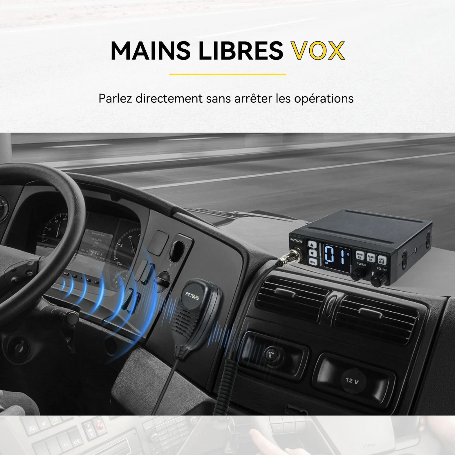 Retevis MB63 Radio CB Mobile Kit Complet avec Antenne AM/FM/PA Écran LCD VOX SQ/ASQ EMG CH9/19 Noir