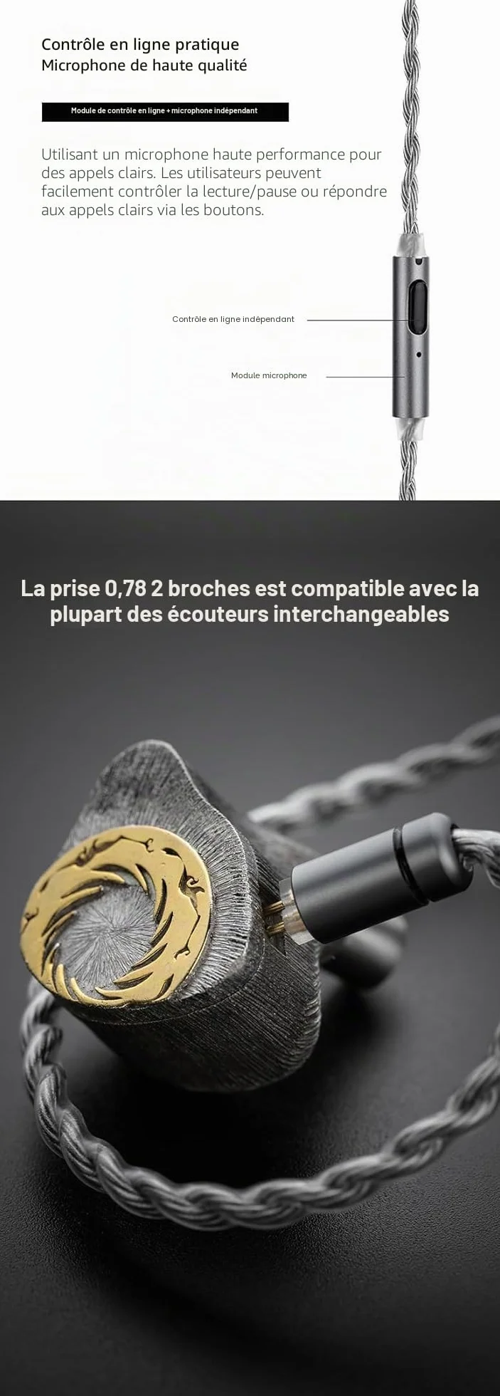 Moondrop MC2 Câble de mise à niveau pour microphone, 3,5 mm, 0,78 mm, 2 pôles, câble de mise à niveau pour casque