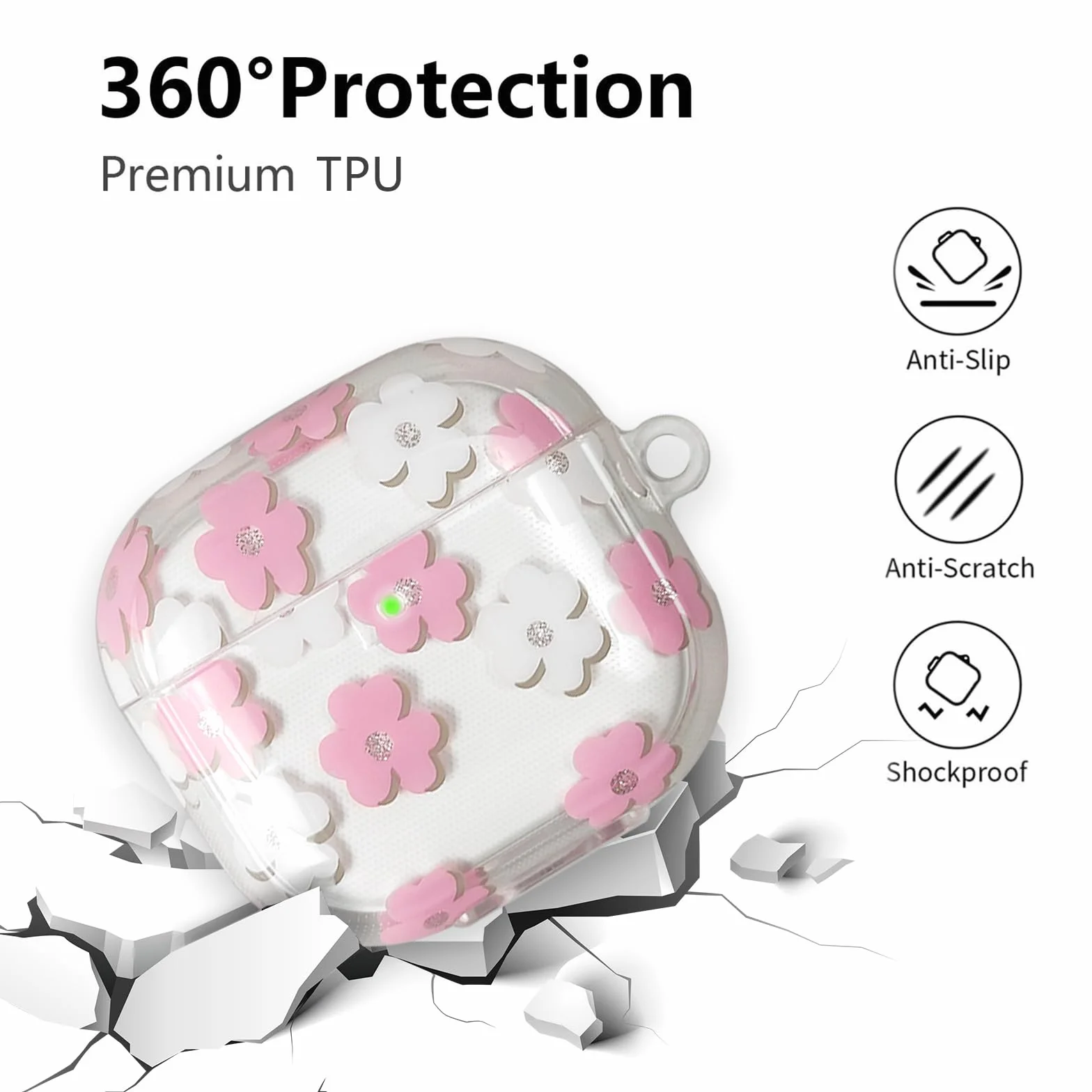 Coque AirPods 4 2024 TPU Souple Motif Floral avec Porte-clés et Kit de Nettoyage Rose