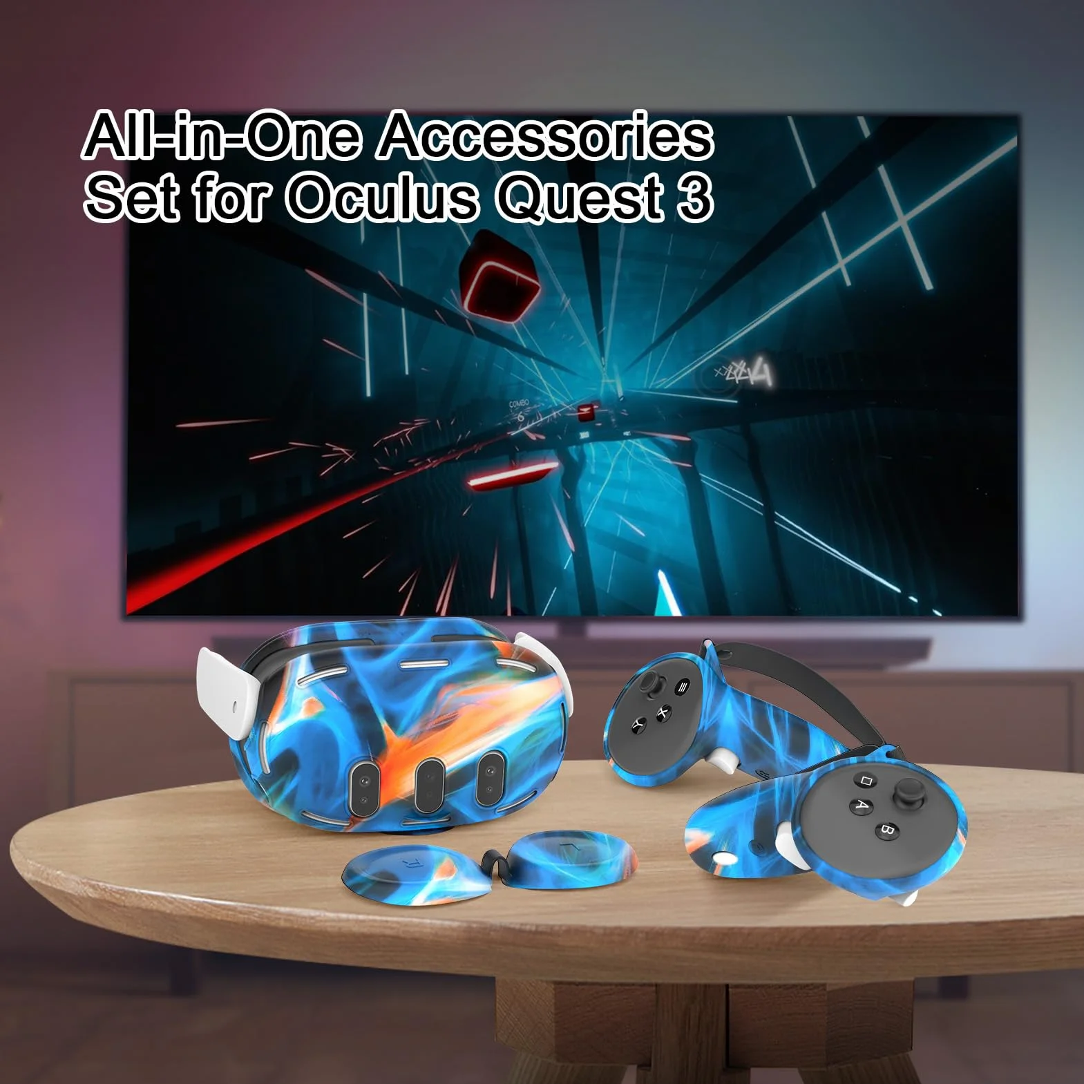 Étui en silicone VR pour Meta/Oculus Quest 3, ensemble d'accessoires avec housse en cuir pour manette, coque, couvre-visage et couvercle d'objectif (bleu)