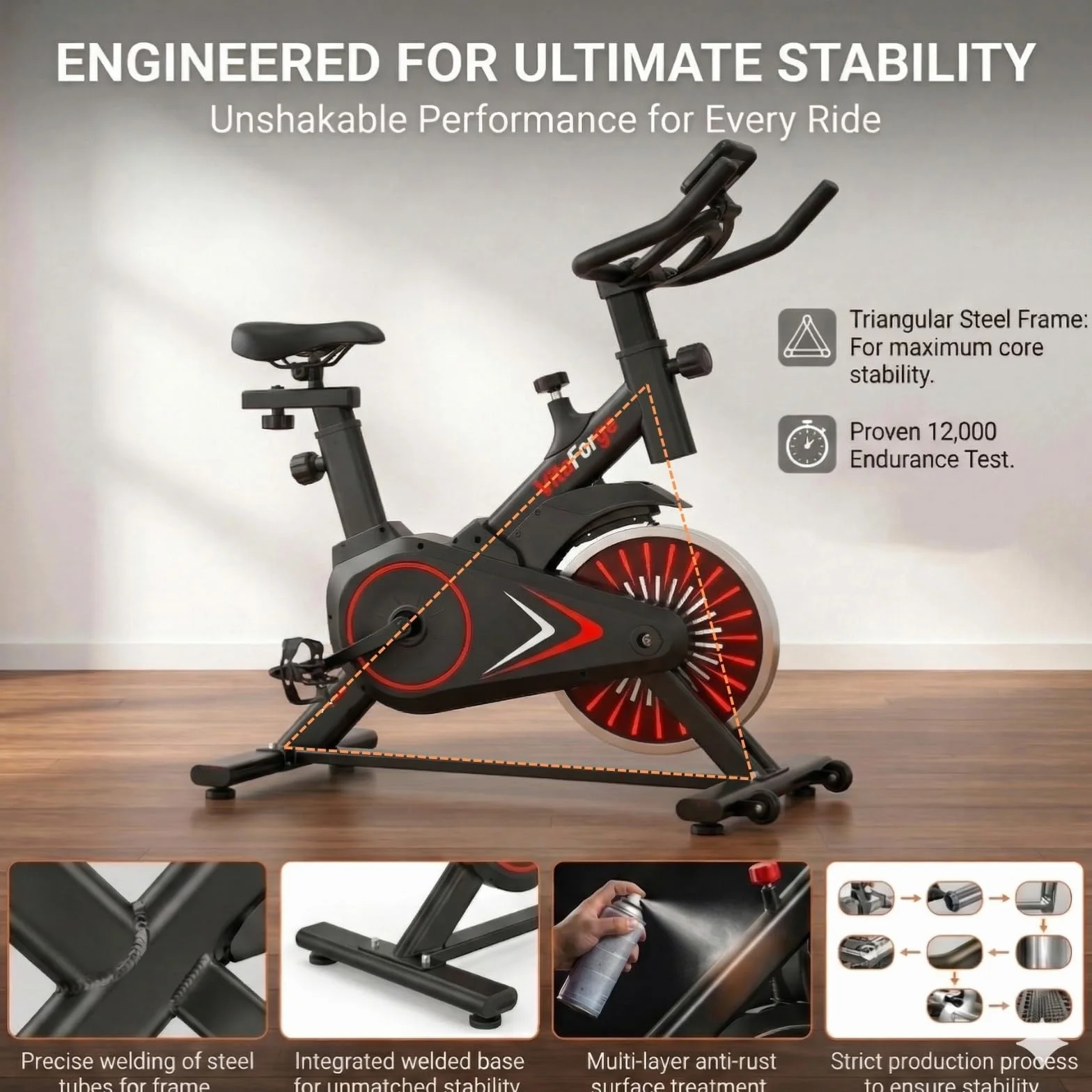 Exercise Bike, Quiet Indoor Fitness Bike with Adjustable Magnetic Resistance, Black/Red