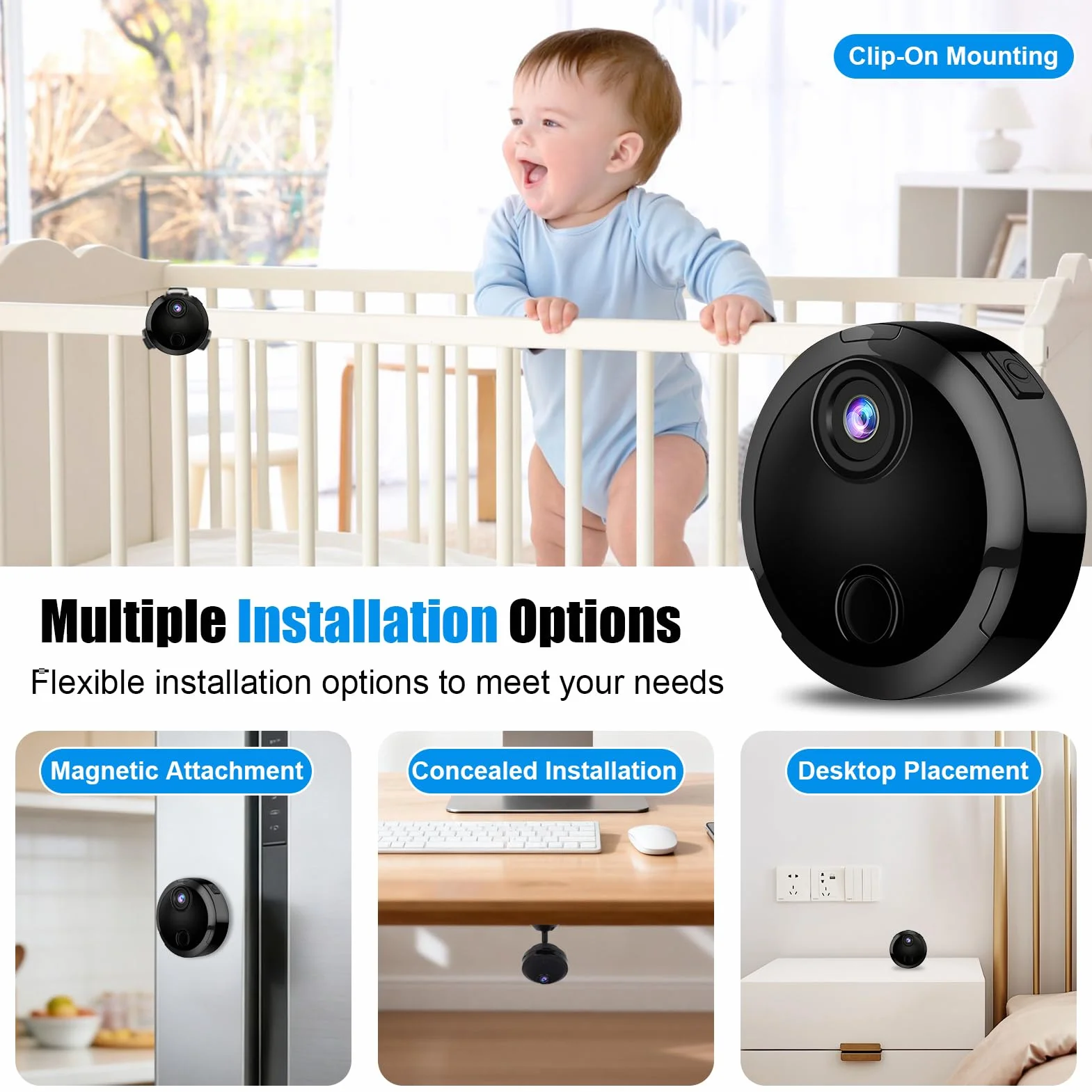 Mini Caméra de Surveillance WiFi 1080P Intérieur, Camera Intérieur et Extérieur sans Fil avec 2.4GHz WiFi, Vision Nocturne et Détection de Mouvement, pour Maison et Voiture