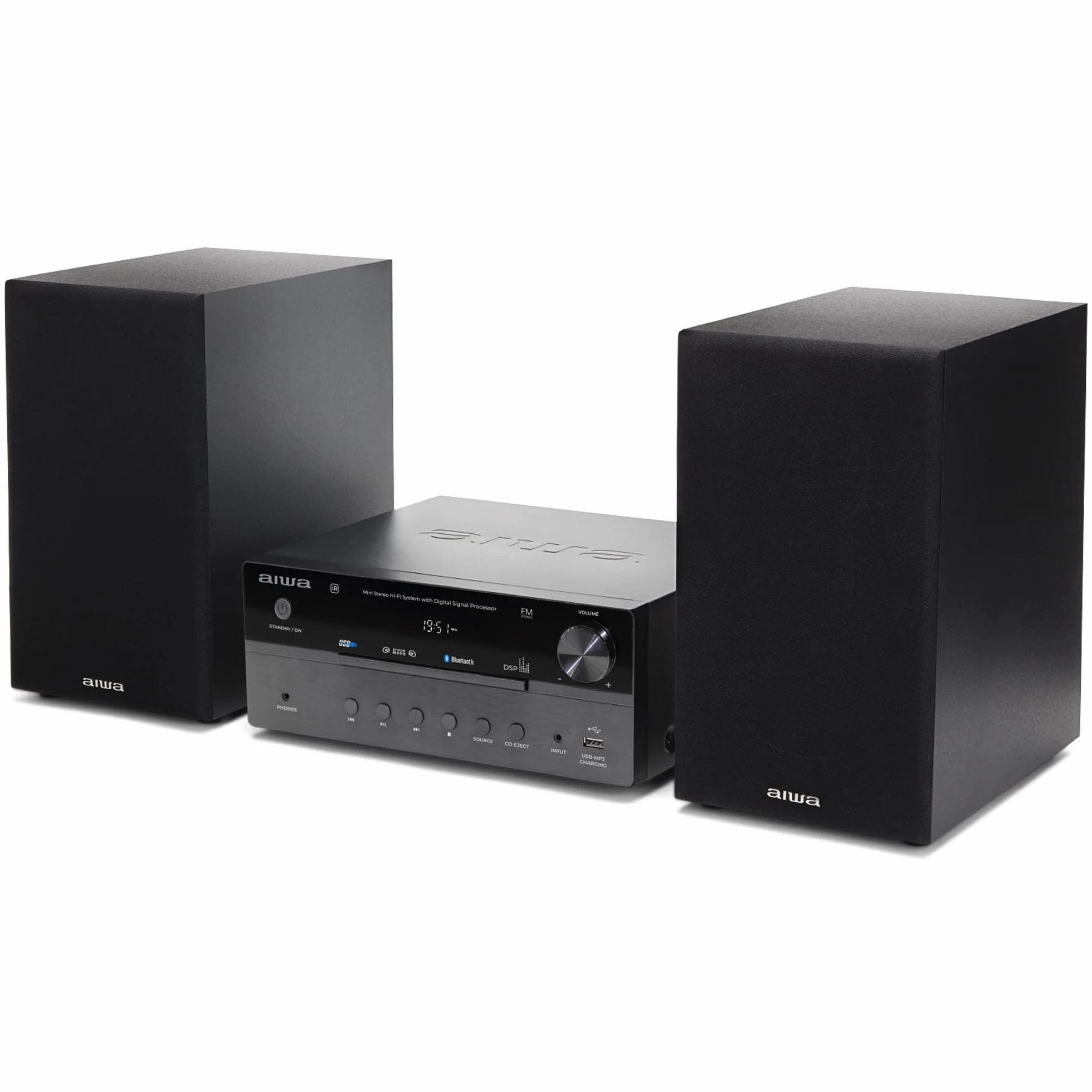 AIWA MSBTU-550 Mini Stereo-HiFi-System, 50 W RMS, mit Bluetooth 5.0, CD/MP3, USB (Wiedergabe und Laden), FM-PLL-Radio, AUX RCA/3,5 mm, Hyperbass, DSP, Schwarz