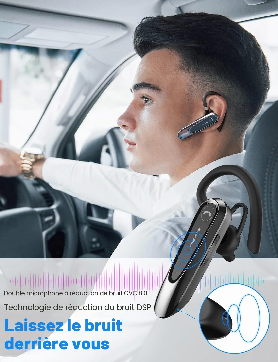 New Bee Oreillette Bluetooth sans Fil avec Dual Mic V5.0 Main Libre Bluetooth Oreillette avec 20H de Temps de Conversation Mic Mute Connexion de Deux Appareils pour iPhone, Android et PC
