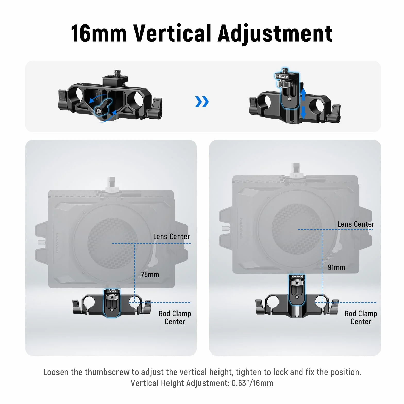 NEEWER Support de boîte Mate, LWS 15 mm à Double Tige avec vis de 6,35 mm et réglage Vertical de 22 mm, Compatible avec SmallRig Neewer Mini Matte Box, PG013