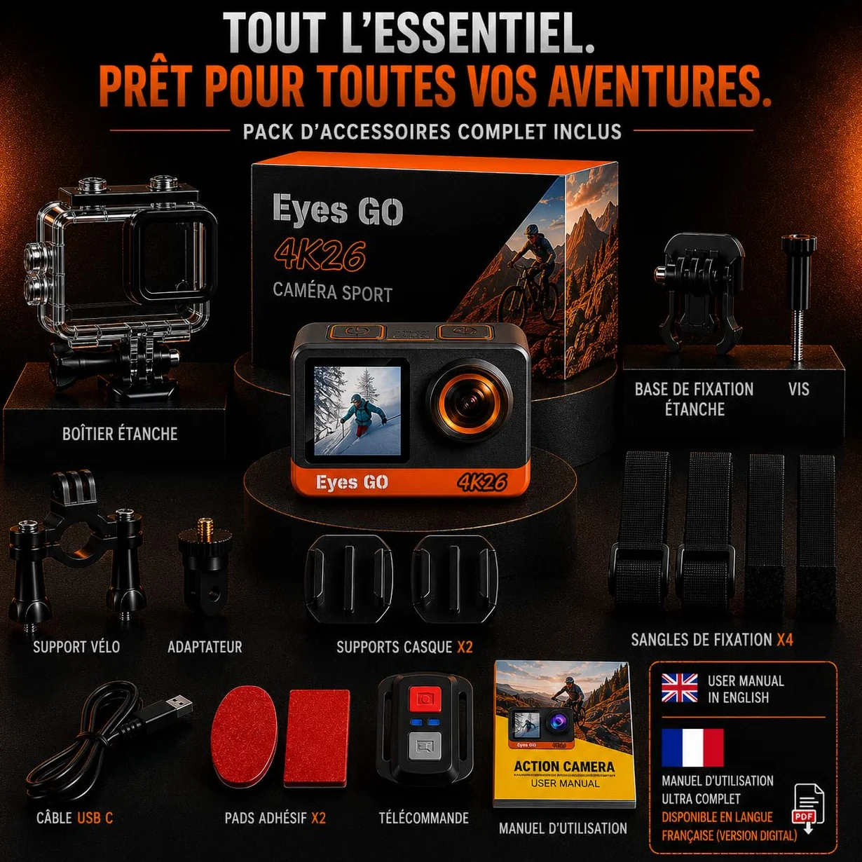 4K26 - Caméra Sport 4K30fps - 20 Accessoires - Photo 16MP - 2 Ecrans Tactile Vlog - Télécommande - Stabilisateur E.I.S 2.0 - Étanche 30M - 5 Heures d'autonomie