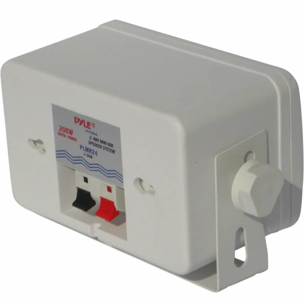 KIT Set pour Pyle PLMR24 2 Enceintes d'écoute universelles, Blanches, étanches, 200 Watts rms et 400 Watts Max, pour Plage, Bar, Restaurant, Bateau, annexe, par Paire + Supports et câbles offerts