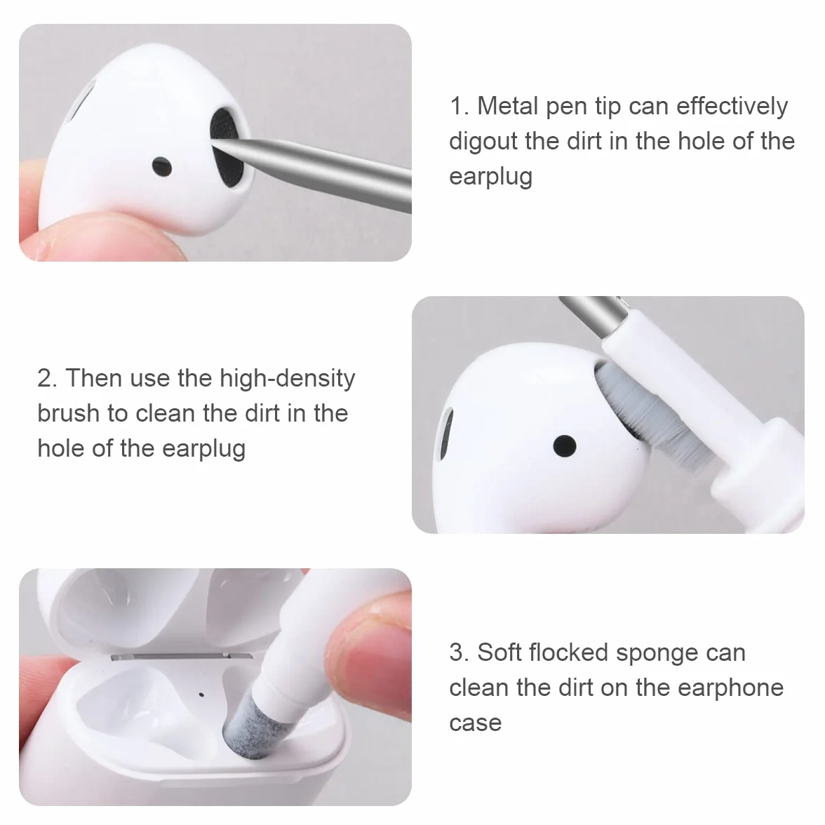 Vicloon Nettoyeur Airpods,3 in 1Kit Nettoyage pour AirPods avec Brosse en Microfibre Douce pour Écouteurs Bluetooth Appareil Photo/Port Téléphone Phone