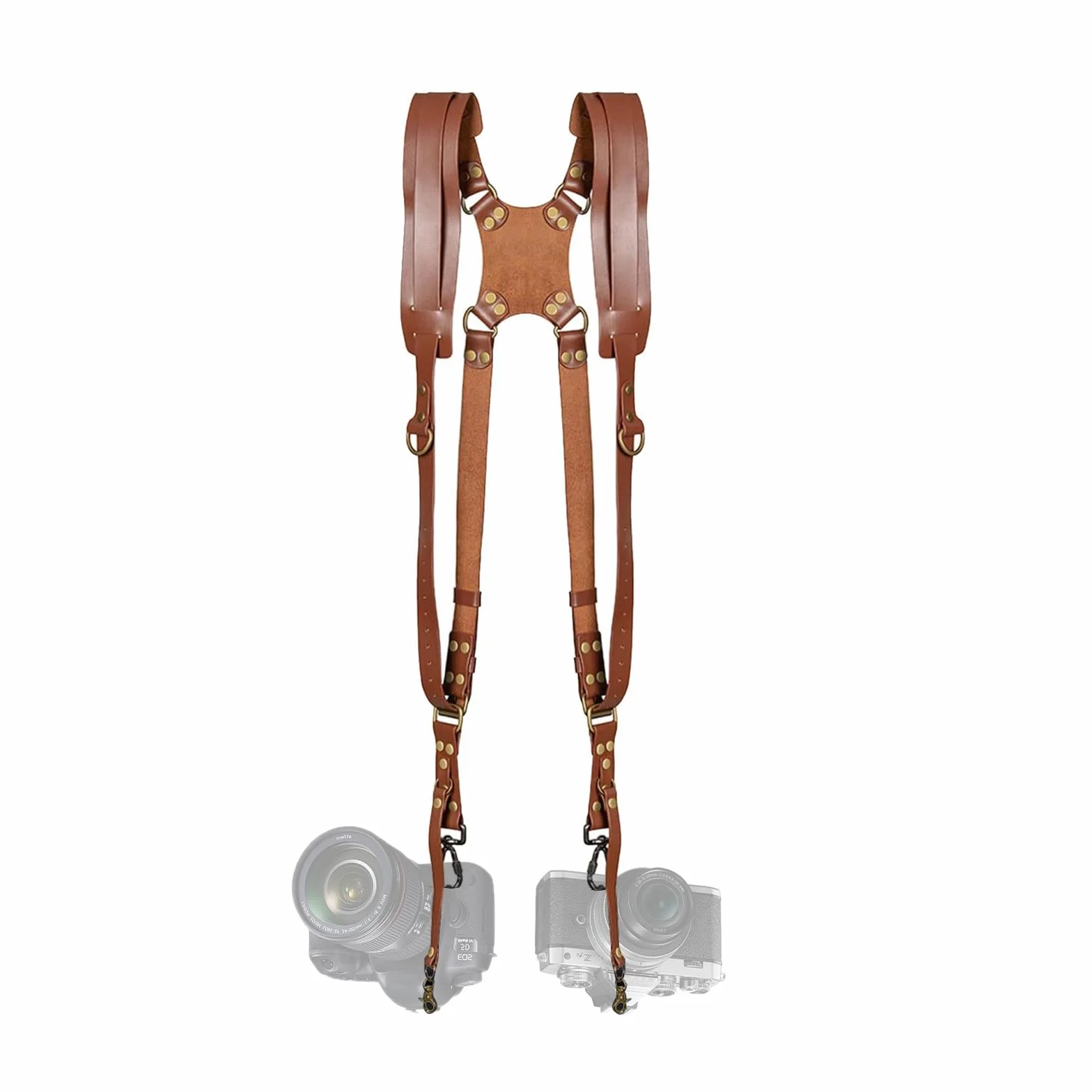 Harnais Appareil Photo Professionnel, Longueur Ajustable Bandoulière Double pour Appareil Photo, Cuir Sangle de Sac à Dos Deux Caméras DSLR/SLR, Unisexe Photographe